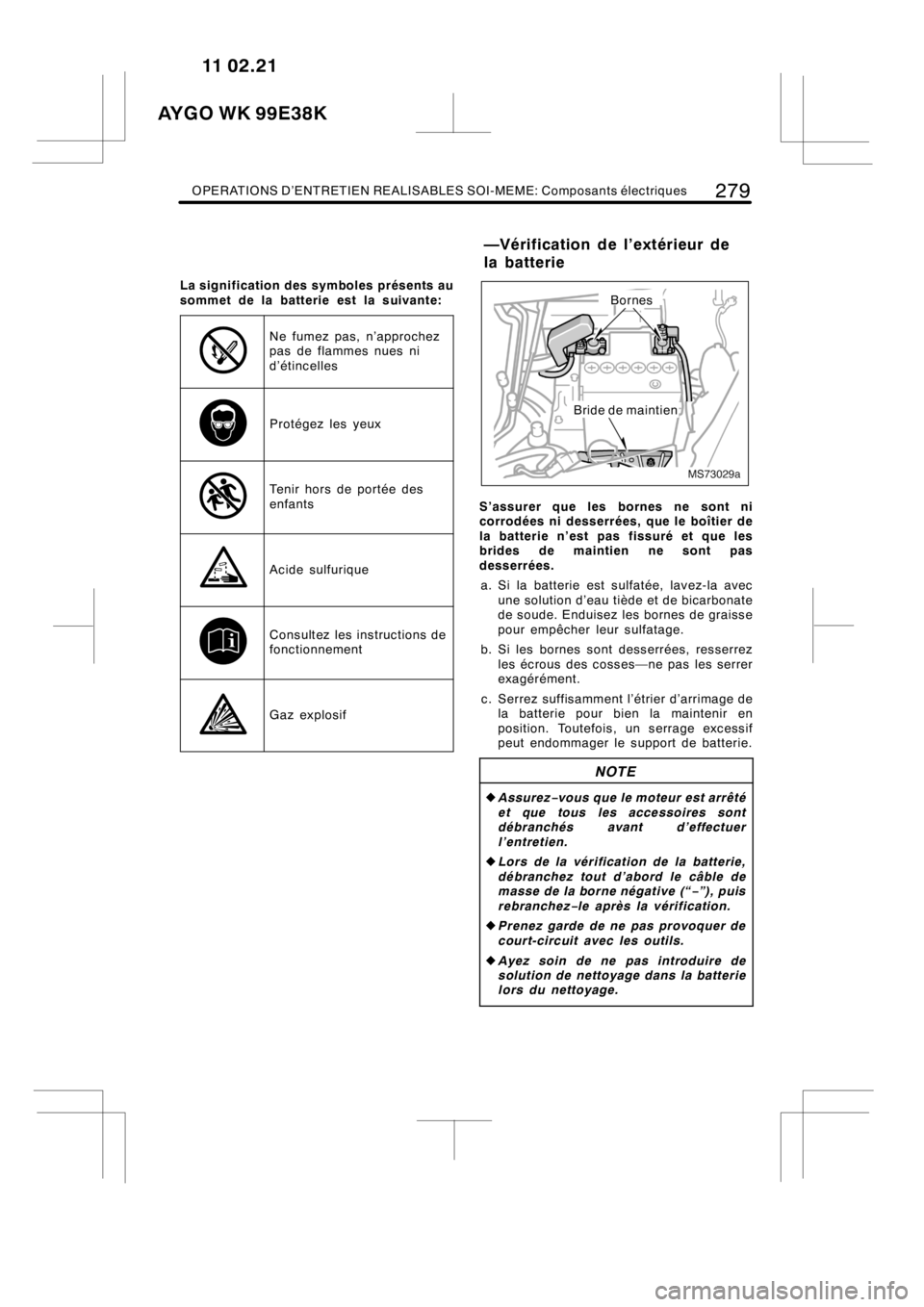 TOYOTA AYGO 2012 Notices Demploi (in French) OPERATIONS D’ENTRETIEN REALISABLES SOI-MEME: Composants électriques279
La signification des symboles présents au
sommet de la batterie est la suivante:
Ne fumez pas, n’approchez
pas de flammes n TOYOTA AYGO 2012 Notices Demploi (in French) OPERATIONS D’ENTRETIEN REALISABLES SOI-MEME: Composants électriques279
La signification des symboles présents au
sommet de la batterie est la suivante:
Ne fumez pas, n’approchez
pas de flammes n