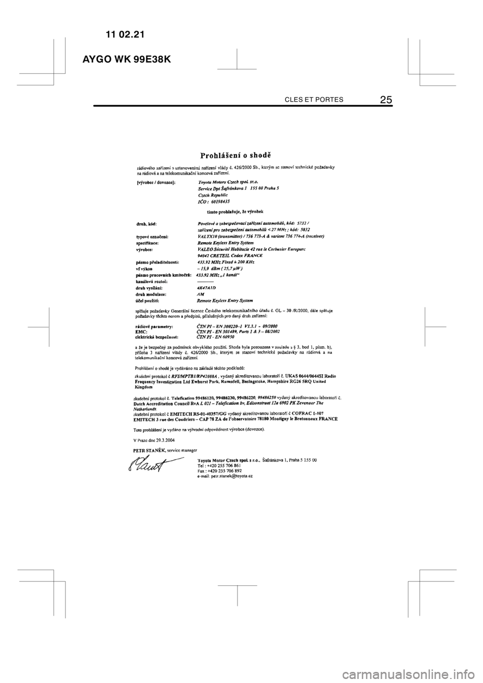 TOYOTA AYGO 2012  Notices Demploi (in French) CLES ET PORTES25
B0WCzech
AYGO WK 99E38K11 02.21 