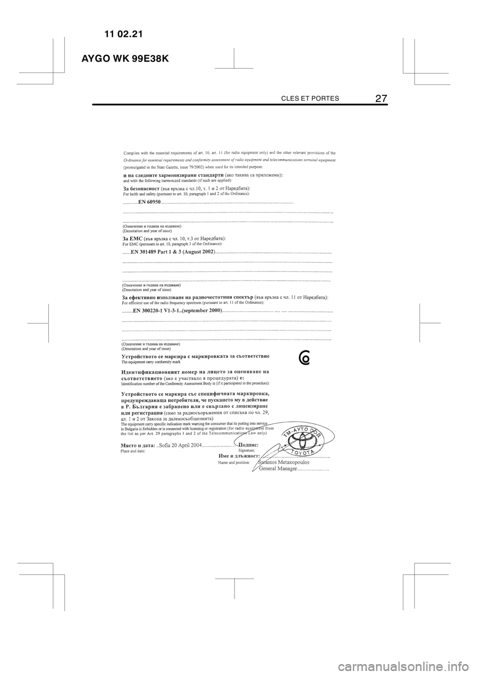 TOYOTA AYGO 2012  Notices Demploi (in French) CLES ET PORTES27
B0C0W02
Bulgaria
AYGO WK 99E38K11 02.21 