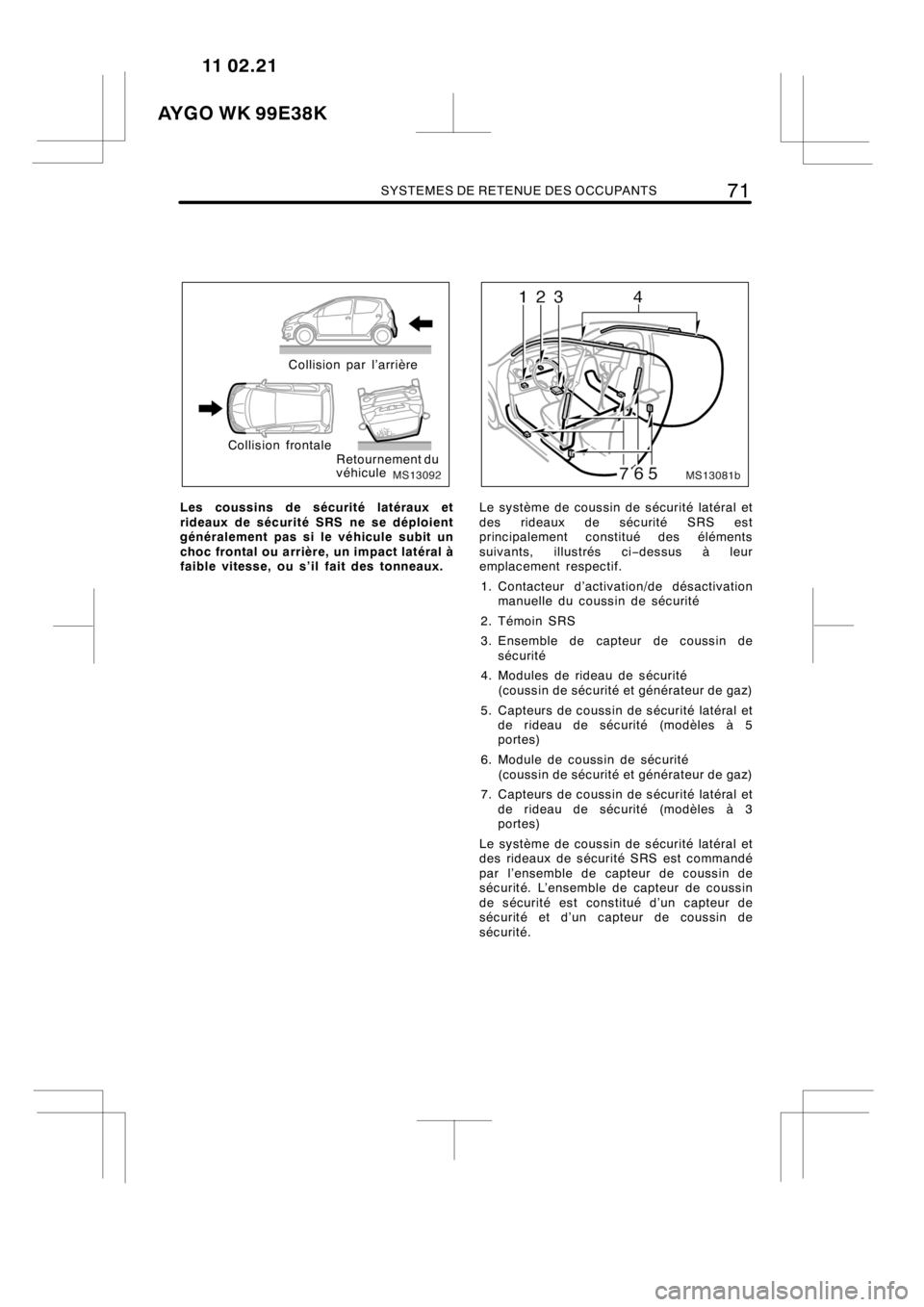 TOYOTA AYGO 2012 Notices Demploi (in French) SYSTEMES DE RETENUE DES OCCUPANTS71
MS13092
Collision par l’arrière
Collision frontale
Retournement du
véhicule
Les coussins de sécurité latéraux et
rideaux de sécurité SRS ne se déploient
g TOYOTA AYGO 2012 Notices Demploi (in French) SYSTEMES DE RETENUE DES OCCUPANTS71
MS13092
Collision par l’arrière
Collision frontale
Retournement du
véhicule
Les coussins de sécurité latéraux et
rideaux de sécurité SRS ne se déploient
g