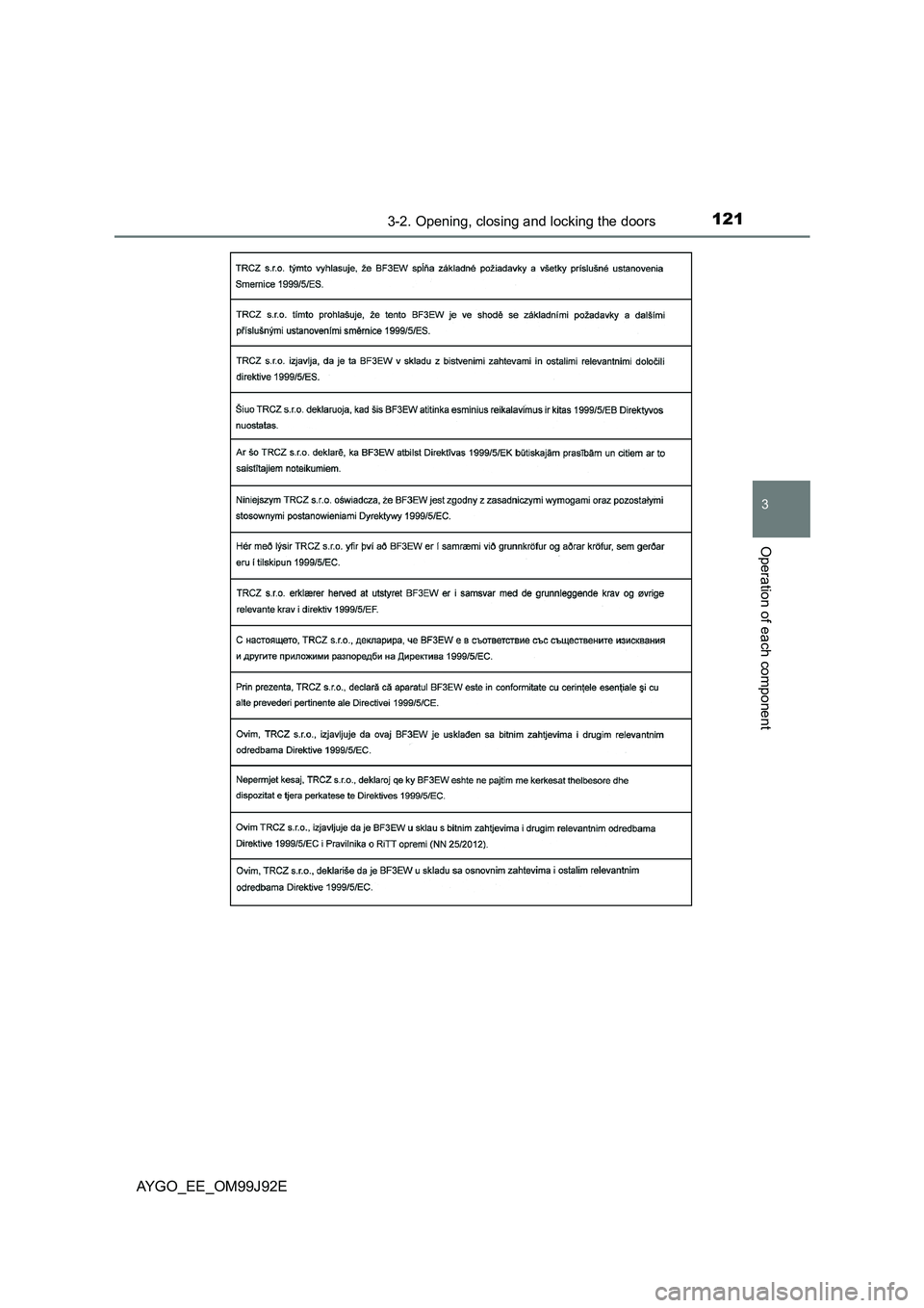 TOYOTA AYGO 2015 Owners Manual (in English) 1213-2. Opening, closing and locking the doors
3
Operation of each component
AYGO_EE_OM99J92E TOYOTA AYGO 2015 Owners Manual (in English) 1213-2. Opening, closing and locking the doors
3
Operation of each component
AYGO_EE_OM99J92E