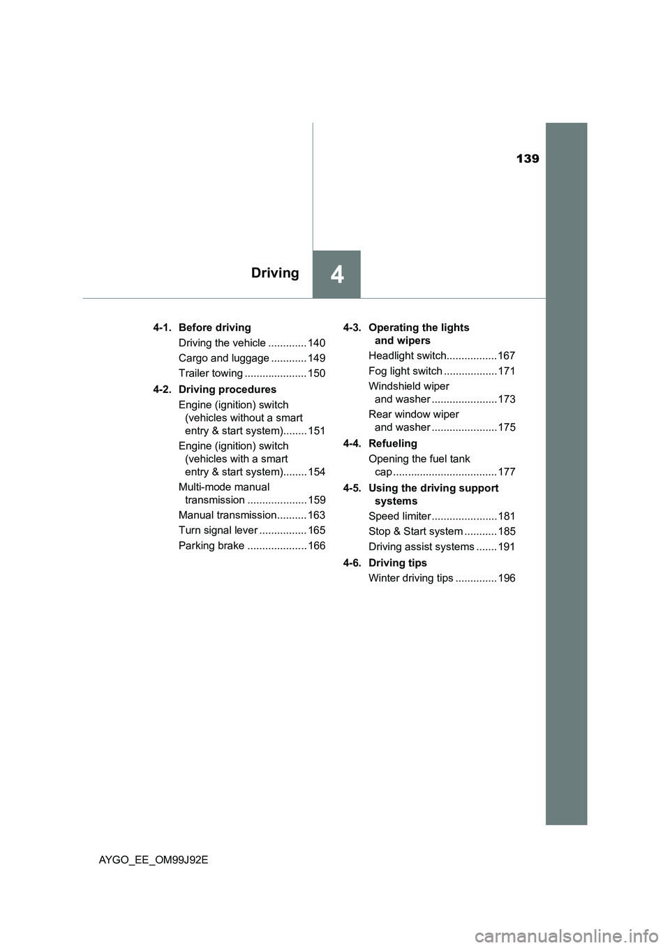 TOYOTA AYGO 2015 (in English) User Guide 139
4Driving
AYGO_EE_OM99J92E
4-1. Before driving
Driving the vehicle ............. 140
Cargo and luggage ............ 149
Trailer towing ..................... 150
4-2. Driving procedures
Engine TOYOTA AYGO 2015 (in English) User Guide 139
4Driving
AYGO_EE_OM99J92E
4-1. Before driving
Driving the vehicle ............. 140
Cargo and luggage ............ 149
Trailer towing ..................... 150
4-2. Driving procedures
Engine