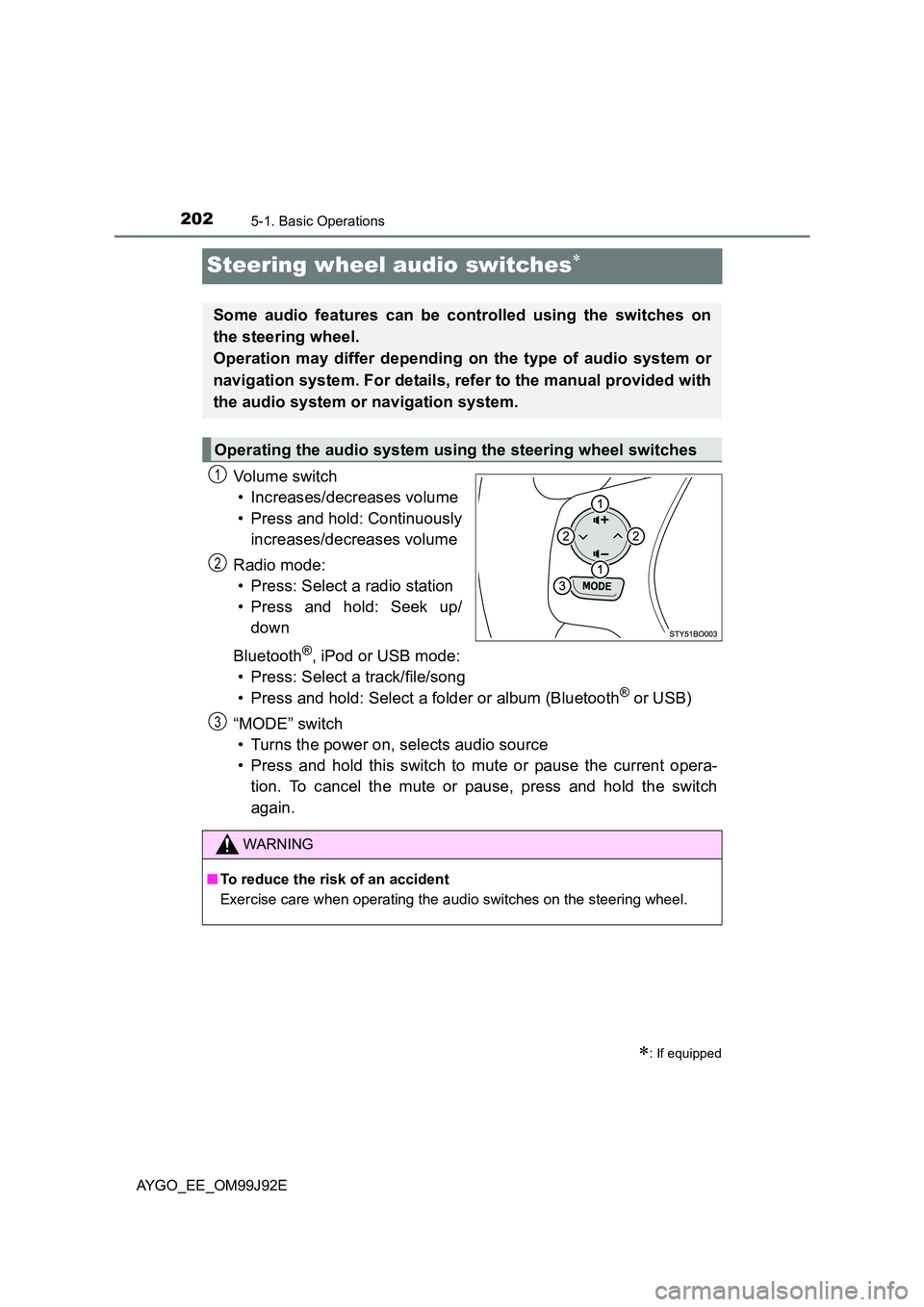 TOYOTA AYGO 2015 Owners Manual (in English) 2025-1. Basic Operations
AYGO_EE_OM99J92E
Steering wheel audio switches∗
Vo lu m e swi tc h
• Increases/decreases volume
• Press and hold: Continuously
increases/decreases volume
Radio mode: TOYOTA AYGO 2015 Owners Manual (in English) 2025-1. Basic Operations
AYGO_EE_OM99J92E
Steering wheel audio switches∗
Vo lu m e swi tc h
• Increases/decreases volume
• Press and hold: Continuously
increases/decreases volume
Radio mode: