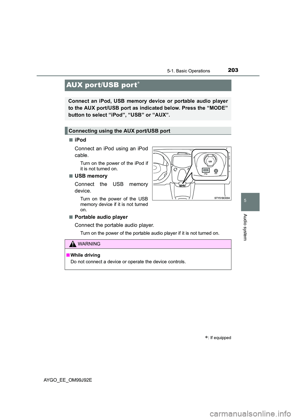 TOYOTA AYGO 2015  Owners Manual (in English) 203
5
5-1. Basic Operations
Audio system
AYGO_EE_OM99J92E
AUX port/USB por t∗
■iPod 
Connect an iPod using an iPod 
cable.
Turn on the power of the iPod if 
it is not turned on. 
■USB memory 
Co TOYOTA AYGO 2015  Owners Manual (in English) 203
5
5-1. Basic Operations
Audio system
AYGO_EE_OM99J92E
AUX port/USB por t∗
■iPod 
Connect an iPod using an iPod 
cable.
Turn on the power of the iPod if 
it is not turned on. 
■USB memory 
Co