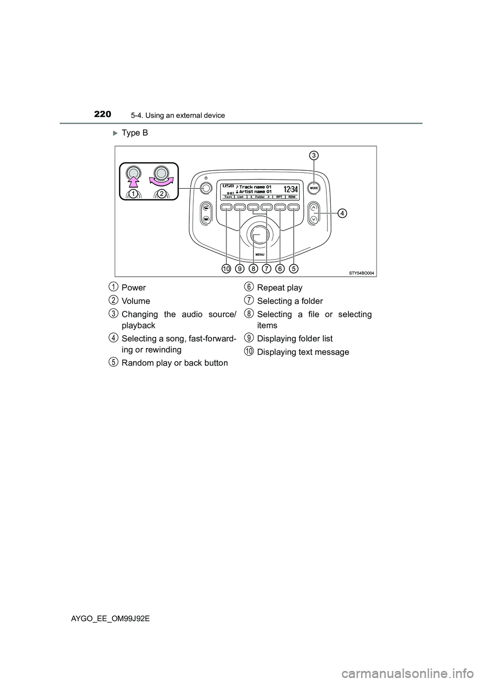 TOYOTA AYGO 2015  Owners Manual (in English) 2205-4. Using an external device
AYGO_EE_OM99J92E
�XTy pe  B
Power 
Vo lu m e 
Changing the audio source/ 
playback 
Selecting a song, fast-forward- 
ing or rewinding 
Random play or back button 
Repe