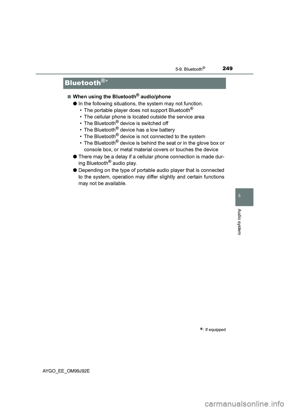 TOYOTA AYGO 2015  Owners Manual (in English) 249
5
5-9. Bluetooth®
Audio system
AYGO_EE_OM99J92E
Bluetooth®∗
■When using the Bluetooth® audio/phone 
● In the following situations, the system may not function. 
• The portable player do