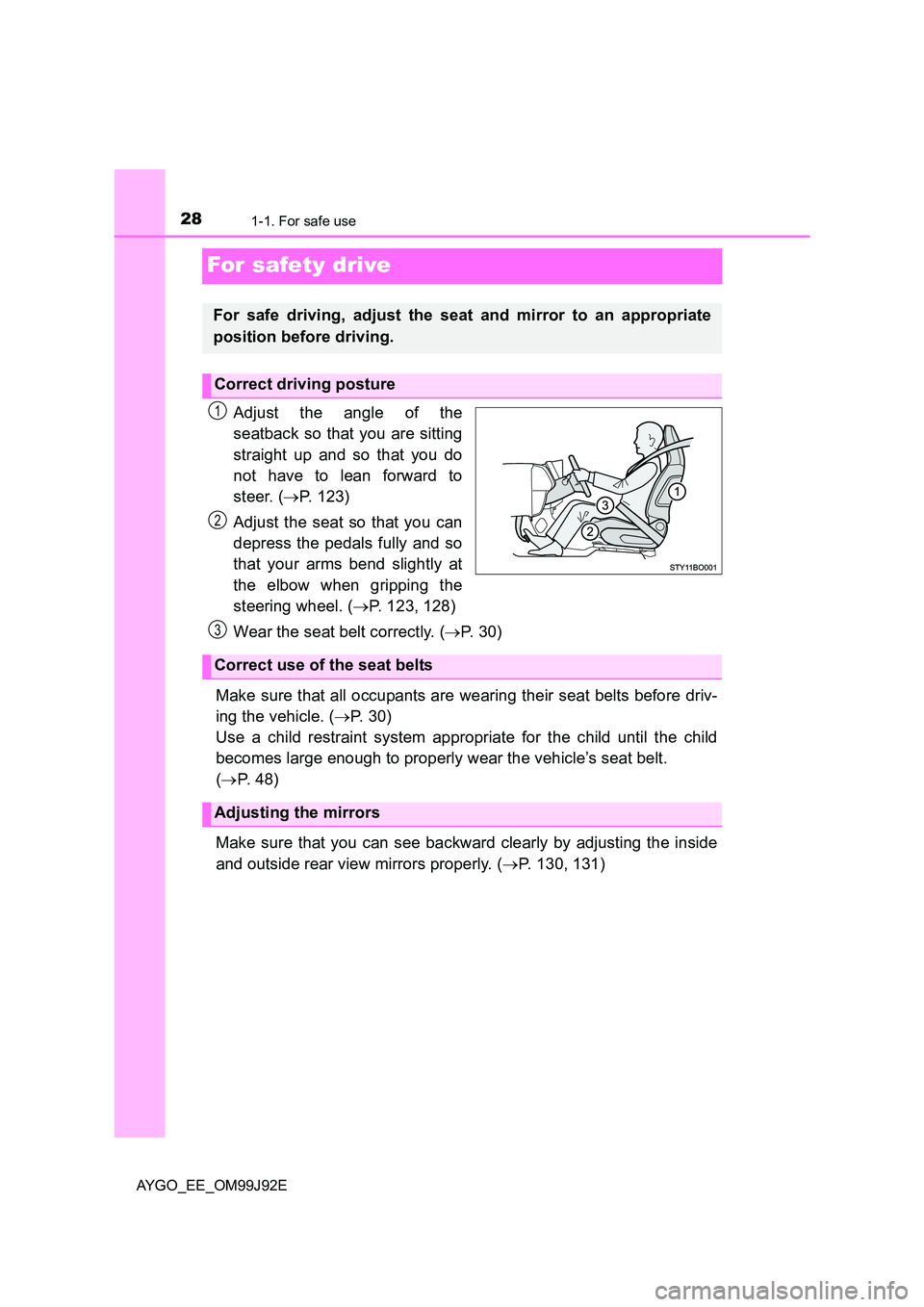 TOYOTA AYGO 2015   (in English) Owners Manual 281-1. For safe use
AYGO_EE_OM99J92E
For safety drive
Adjust the angle of the 
seatback so that you are sitting 
straight up and so that you do 
not have to lean forward to 
steer. ( →P. 123) 
Adjus