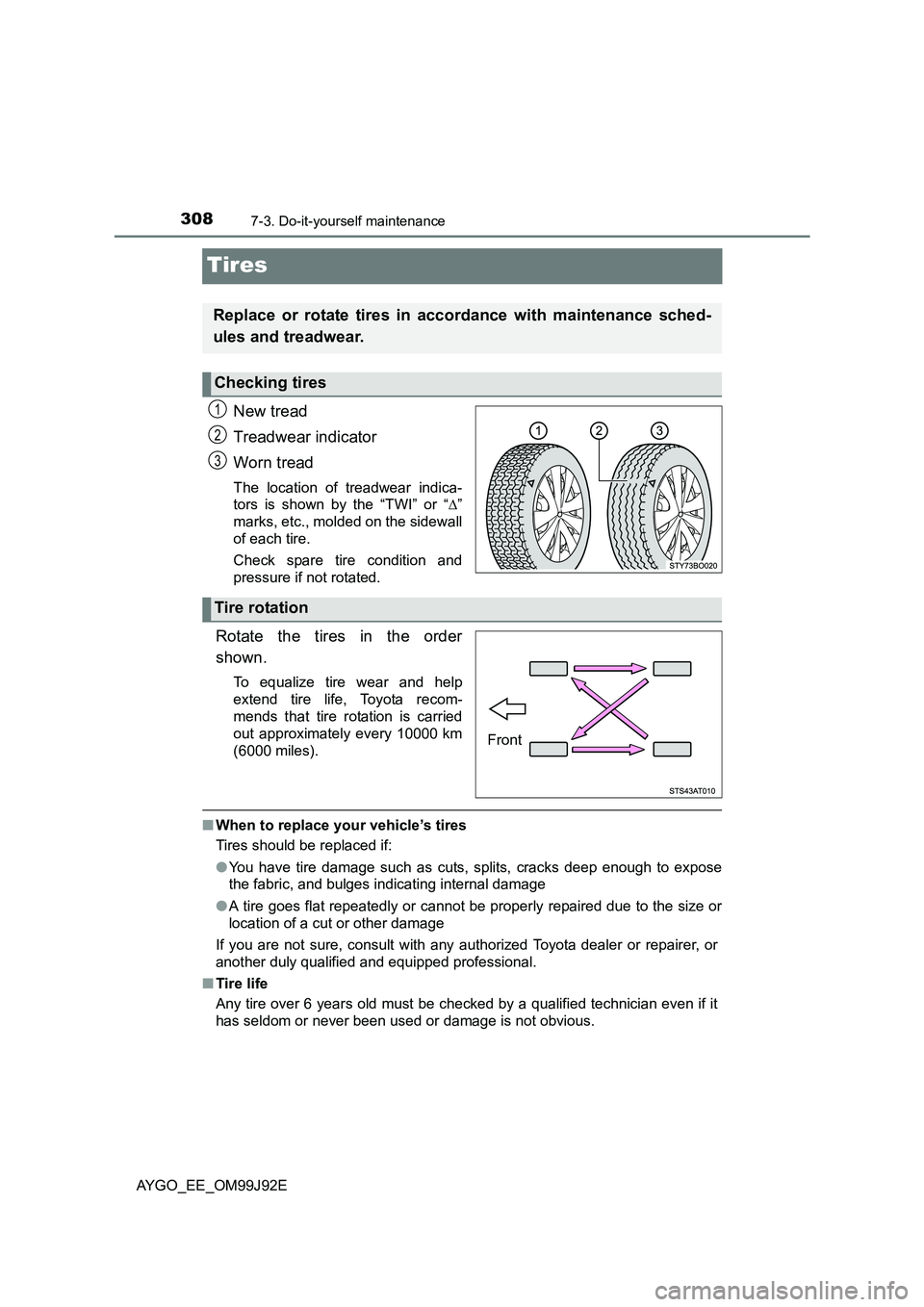 TOYOTA AYGO 2015  Owners Manual (in English) 3087-3. Do-it-yourself maintenance
AYGO_EE_OM99J92E
Tires
New tread 
Treadwear indicator 
Worn tread
The location of treadwear indica- 
tors is shown by the “TWI” or “ ∆” 
marks, etc., molde