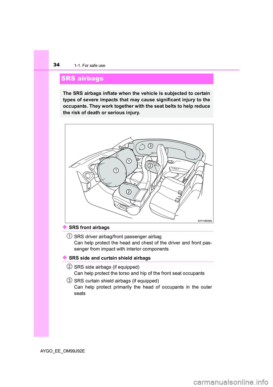 TOYOTA AYGO 2015   (in English) Owners Guide 341-1. For safe use
AYGO_EE_OM99J92E
SRS airbags
◆SRS front airbags 
SRS driver airbag/front passenger airbag 
Can help protect the head and chest of the driver and front pas- 
senger from impact wi