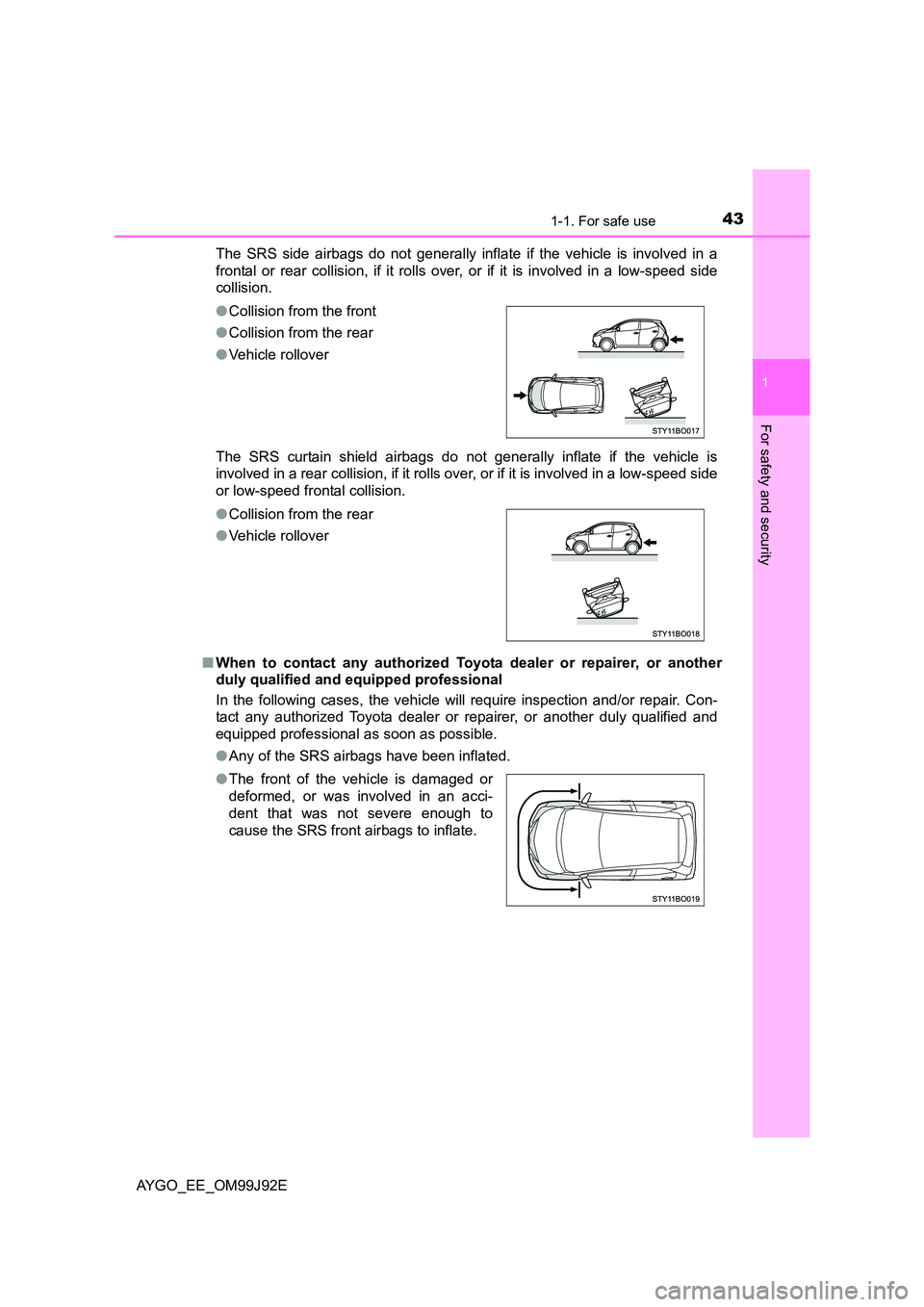 TOYOTA AYGO 2015 (in English) Service Manual 431-1. For safe use
1
For safety and security
AYGO_EE_OM99J92E
The SRS side airbags do not generally inflate if the vehicle is involved in a
frontal or rear collision, if it rolls over, or if it is TOYOTA AYGO 2015 (in English) Service Manual 431-1. For safe use
1
For safety and security
AYGO_EE_OM99J92E
The SRS side airbags do not generally inflate if the vehicle is involved in a
frontal or rear collision, if it rolls over, or if it is