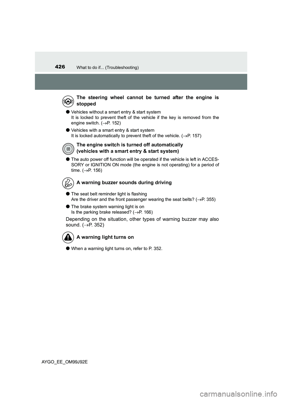 TOYOTA AYGO 2015 (in English) Workshop Manual 426What to do if... (Troubleshooting)
AYGO_EE_OM99J92E
●Vehicles without a smart entry & start system
It is locked to prevent theft of the vehicle if the key is removed from the
engine switch. ( TOYOTA AYGO 2015 (in English) Workshop Manual 426What to do if... (Troubleshooting)
AYGO_EE_OM99J92E
●Vehicles without a smart entry & start system
It is locked to prevent theft of the vehicle if the key is removed from the
engine switch. (