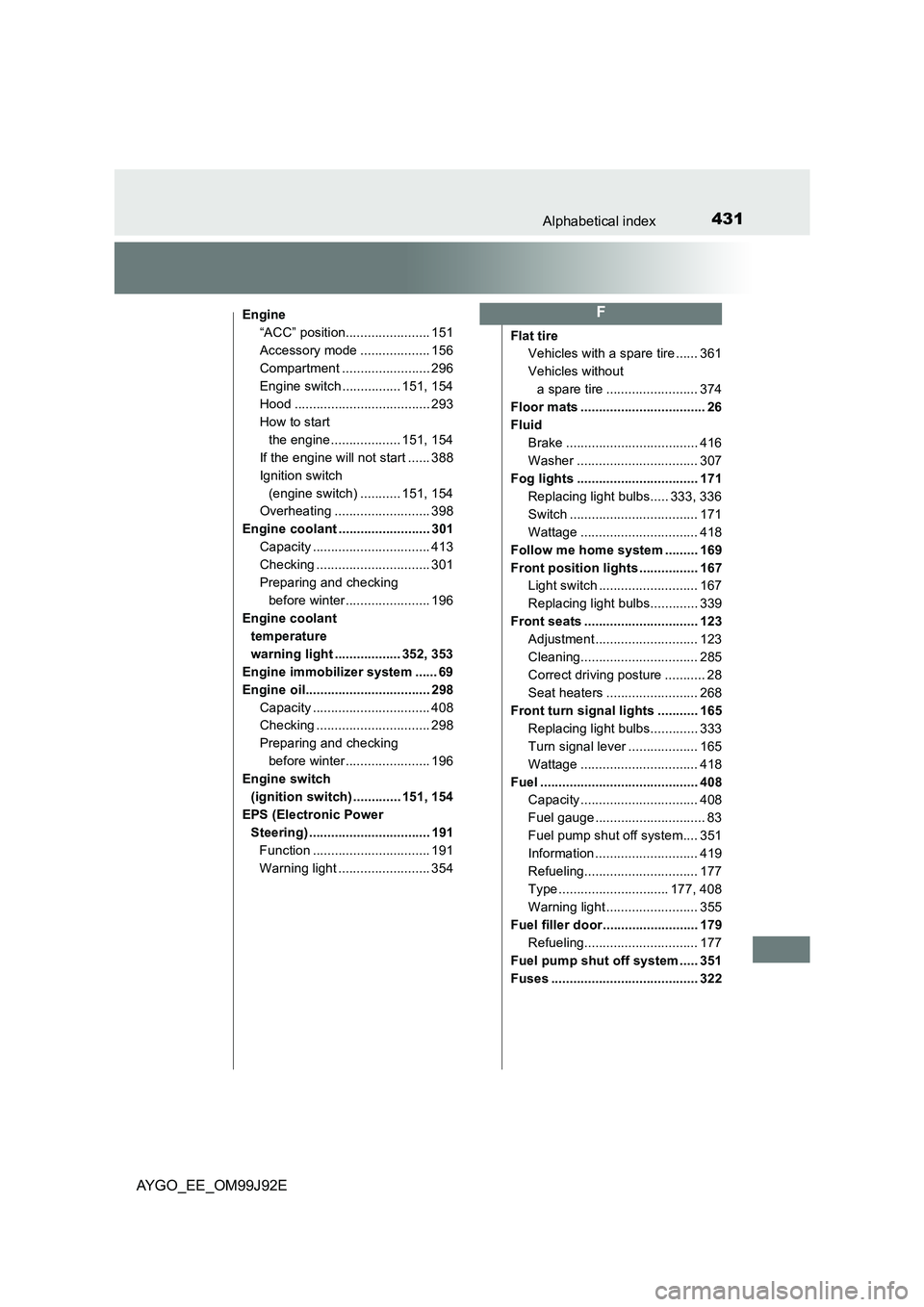 TOYOTA AYGO 2015   (in English) Service Manual 431Alphabetical index
AYGO_EE_OM99J92E
Engine 
“ACC” position....................... 151
Accessory mode ................... 156
Compartment ........................ 296 
Engine switch ............