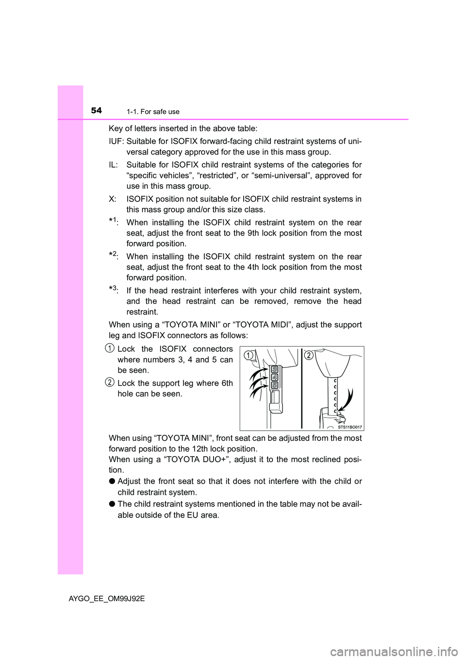 TOYOTA AYGO 2015   (in English) Workshop Manual 541-1. For safe use
AYGO_EE_OM99J92E
Key of letters inserted in the above table: 
IUF: Suitable for ISOFIX forward-facing child restraint systems of uni- 
versal category approved for the use in this 