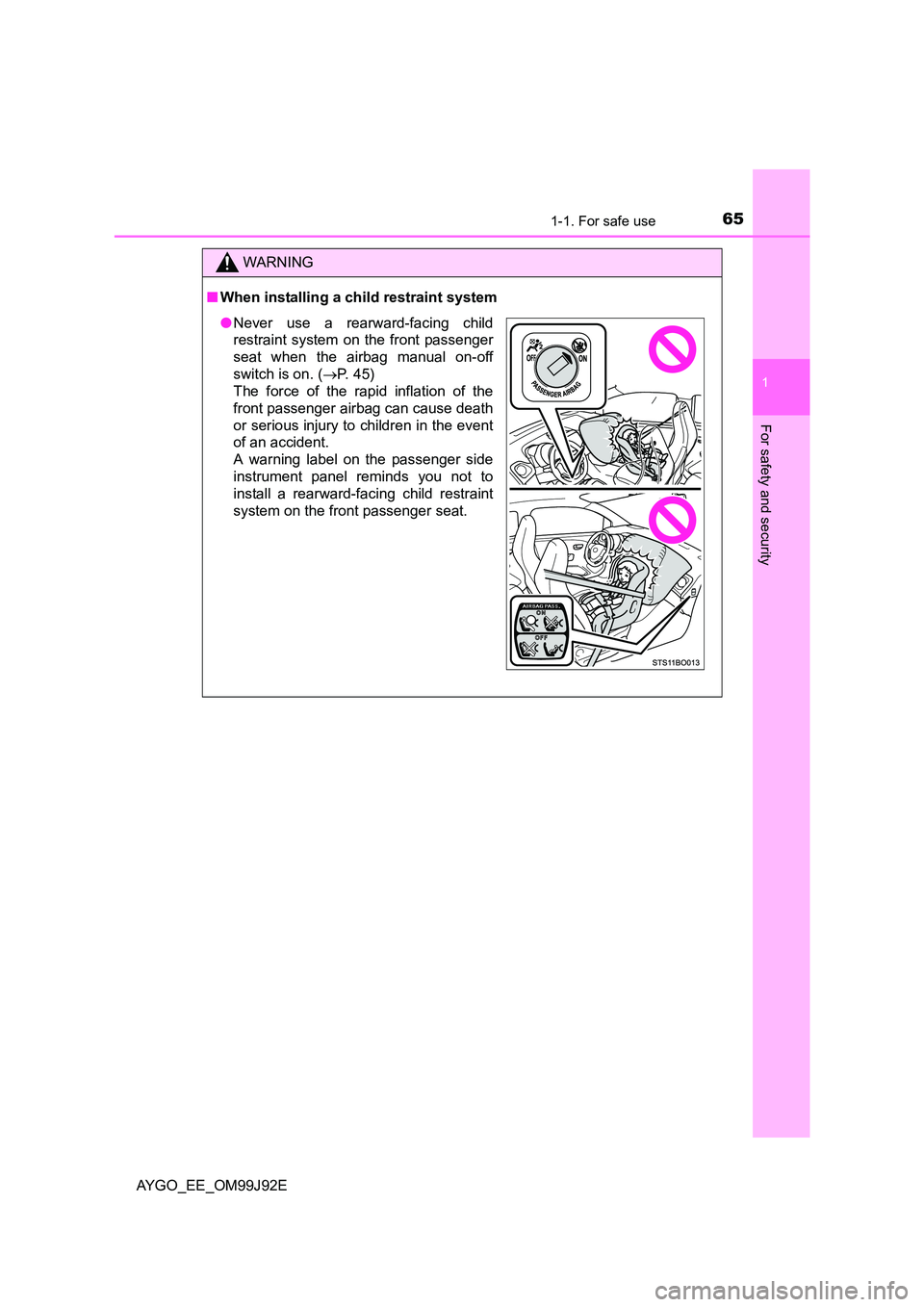 TOYOTA AYGO 2015 (in English) Repair Manual 651-1. For safe use
1
For safety and security
AYGO_EE_OM99J92E
WARNING
■ When installing a child restraint system
●Never use a rearward-facing child
restraint system on the front passenger
seat TOYOTA AYGO 2015 (in English) Repair Manual 651-1. For safe use
1
For safety and security
AYGO_EE_OM99J92E
WARNING
■ When installing a child restraint system
●Never use a rearward-facing child
restraint system on the front passenger
seat