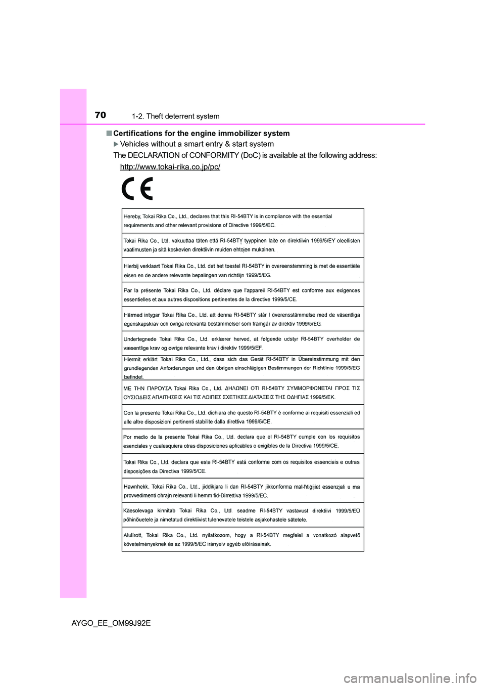 TOYOTA AYGO 2015   (in English) Repair Manual 701-2. Theft deterrent system
AYGO_EE_OM99J92E 
■ Certifications for the engine immobilizer system
�XVehicles without a smart entry & start system 
The DECLARATION of CONFORMITY (DoC) is available a