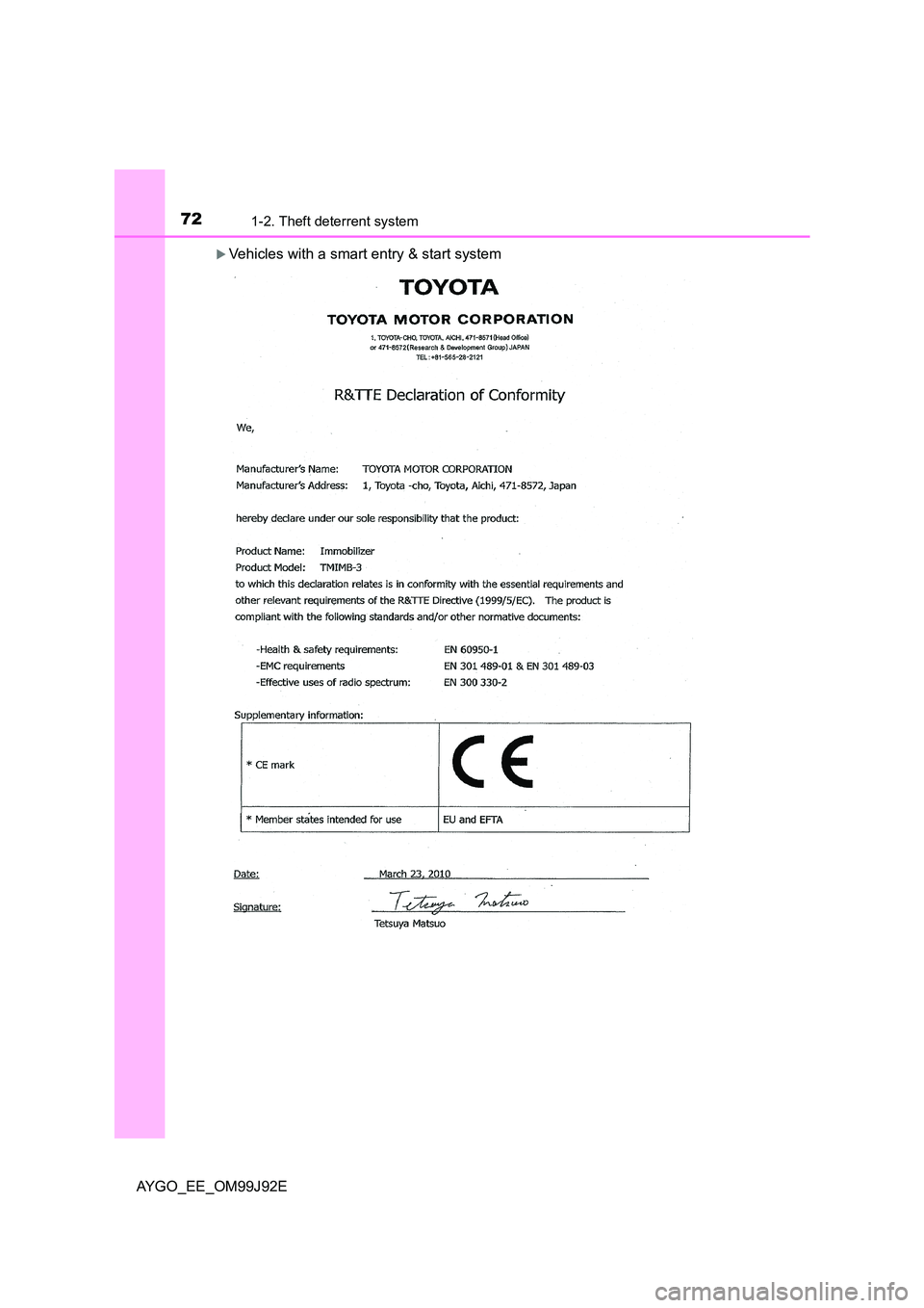 TOYOTA AYGO 2015   (in English) Manual PDF 721-2. Theft deterrent system
AYGO_EE_OM99J92E
�XVehicles with a smart entry & start system 