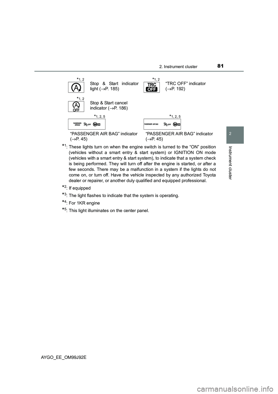 TOYOTA AYGO 2015 Owners Manual (in English) 812. Instrument cluster
2
Instrument cluster
AYGO_EE_OM99J92E
*1: These lights turn on when the engine switch is turned to the “ON” position
(vehicles without a smart entry & start system) or IGN TOYOTA AYGO 2015 Owners Manual (in English) 812. Instrument cluster
2
Instrument cluster
AYGO_EE_OM99J92E
*1: These lights turn on when the engine switch is turned to the “ON” position
(vehicles without a smart entry & start system) or IGN