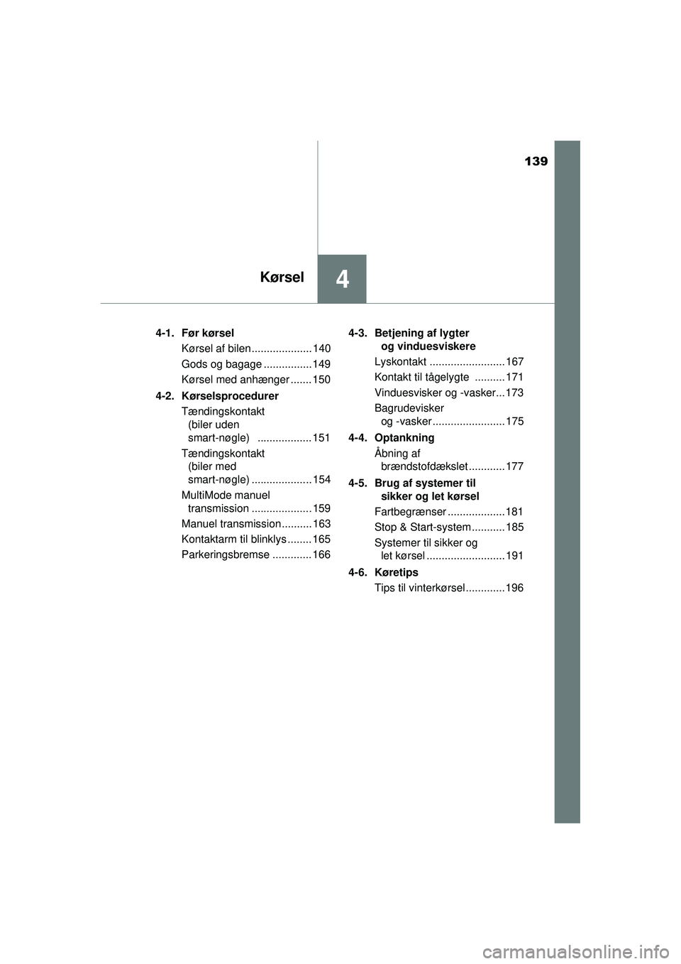 TOYOTA AYGO 2015  Brugsanvisning (in Danish) 139
4Kørsel
OM99J92DK4-1. Før kørsel
Kørsel af bilen.................... 140
Gods og bagage ................ 149
Kørsel med anhænger ....... 150
4-2. Kørselsprocedurer Tændingskontakt (biler u