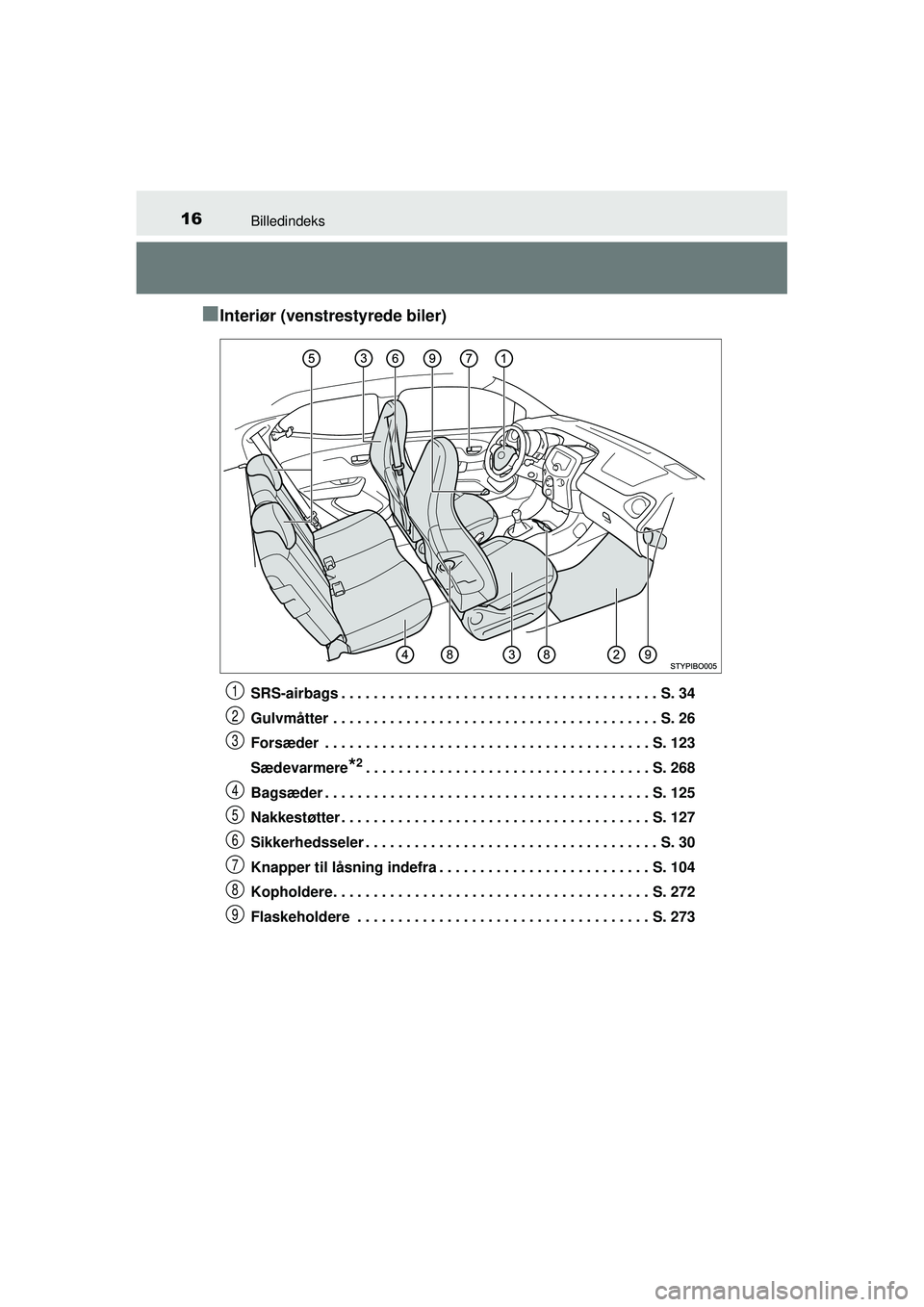 TOYOTA AYGO 2015  Brugsanvisning (in Danish) 16Billedindeks
OM99J92DK
■Interiør (venstrestyrede biler)
SRS-airbags . . . . . . . . . . . . . . . . . . . . . . . . . . . . . . . . . . . . . . . S. 34
Gulvmåtter . . . . . . . . . . . . . . . .