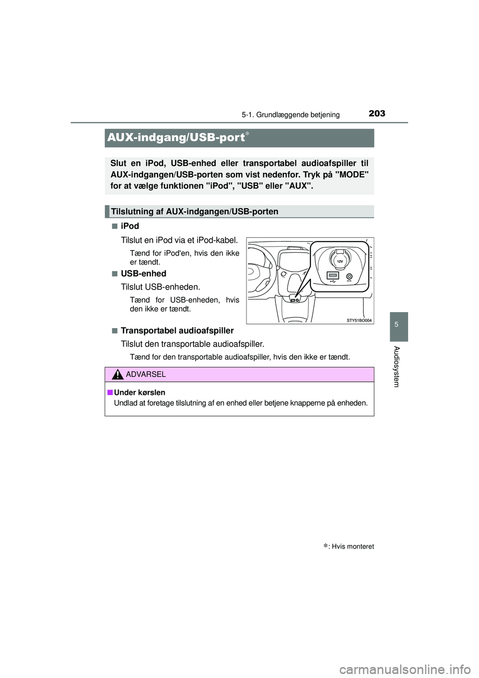 TOYOTA AYGO 2015  Brugsanvisning (in Danish) 203
5
5-1. Grundlæggende betjening
Audiosystem
OM99J92DK
AUX-indgang/USB-port∗
■iPod
Tilslut en iPod via et iPod-kabel.
Tænd for iPoden, hvis den ikke
er tændt.
■
USB-enhed
Tilslut USB-enhed