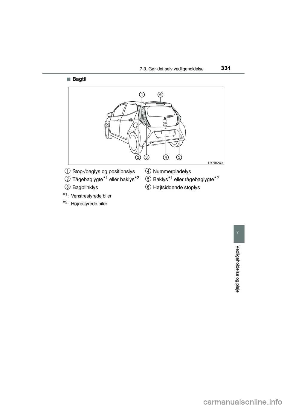 TOYOTA AYGO 2015  Brugsanvisning (in Danish) 3317-3. Gør-det-selv vedligeholdelse
7
Vedligeholdelse og pleje
OM99J92DK■
Bagtil
*1: Venstrestyrede biler
*2: Højrestyrede biler
Stop-/baglys og positionslys
Tågebaglygte
*1 eller baklys*2
Bagbl