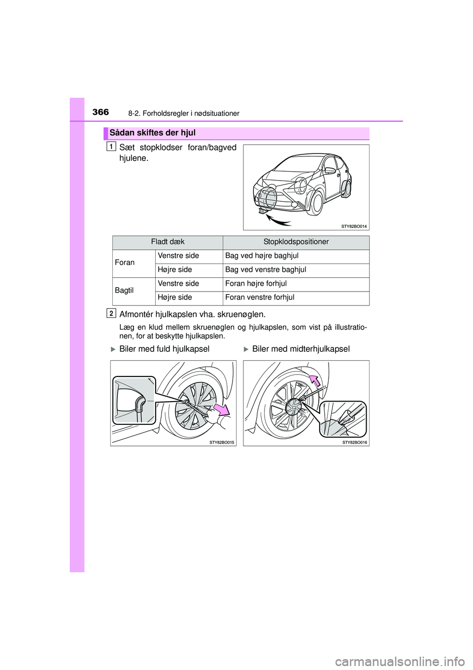 TOYOTA AYGO 2015  Brugsanvisning (in Danish) 3668-2. Forholdsregler i nødsituationer
OM99J92DK
Sæt stopklodser foran/bagved
hjulene.
Afmontér hjulkapslen vha. skruenøglen.
Læg en klud mellem skruenøglen og hjulkapslen, som vist på illustr
