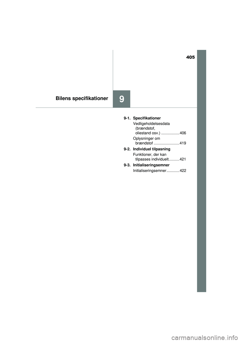 TOYOTA AYGO 2015 Brugsanvisning (in Danish) 405
9Bilens specifikationer
OM99J92DK9-1. Specifikationer
Vedligeholdelsesdata (brændstof,
oliestand osv.) ................. 406
Oplysninger om brændstof ........................ 419
9-2. Individu TOYOTA AYGO 2015 Brugsanvisning (in Danish) 405
9Bilens specifikationer
OM99J92DK9-1. Specifikationer
Vedligeholdelsesdata (brændstof,
oliestand osv.) ................. 406
Oplysninger om brændstof ........................ 419
9-2. Individu