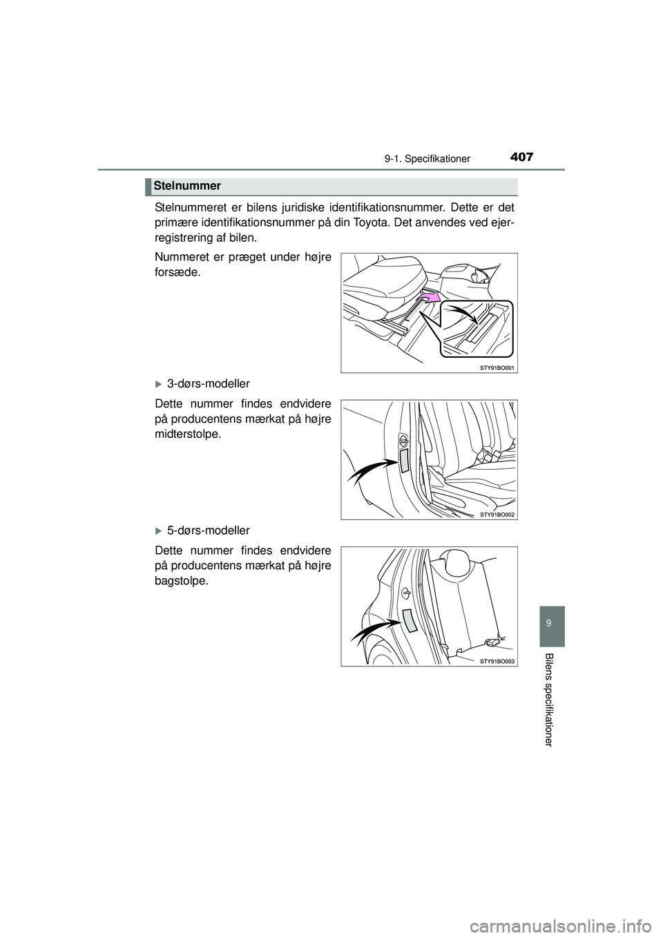 TOYOTA AYGO 2015 Brugsanvisning (in Danish) 4079-1. Specifikationer
9
Bilens specifikationer
OM99J92DK
Stelnummeret er bilens juridiske identifikationsnummer. Dette er det
primære identifikationsnummer på din Toyota. Det anvendes ved ejer-
re TOYOTA AYGO 2015 Brugsanvisning (in Danish) 4079-1. Specifikationer
9
Bilens specifikationer
OM99J92DK
Stelnummeret er bilens juridiske identifikationsnummer. Dette er det
primære identifikationsnummer på din Toyota. Det anvendes ved ejer-
re