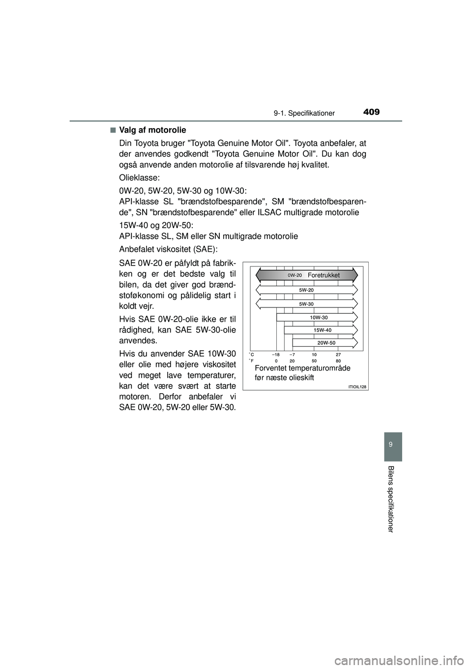 TOYOTA AYGO 2015  Brugsanvisning (in Danish) 4099-1. Specifikationer
9
Bilens specifikationer
OM99J92DK■
Valg af motorolie
Din Toyota bruger "Toyota Genuine Motor Oil". Toyota anbefaler, at
der anvendes godkendt "Toyota Genuine Motor Oil". Du 