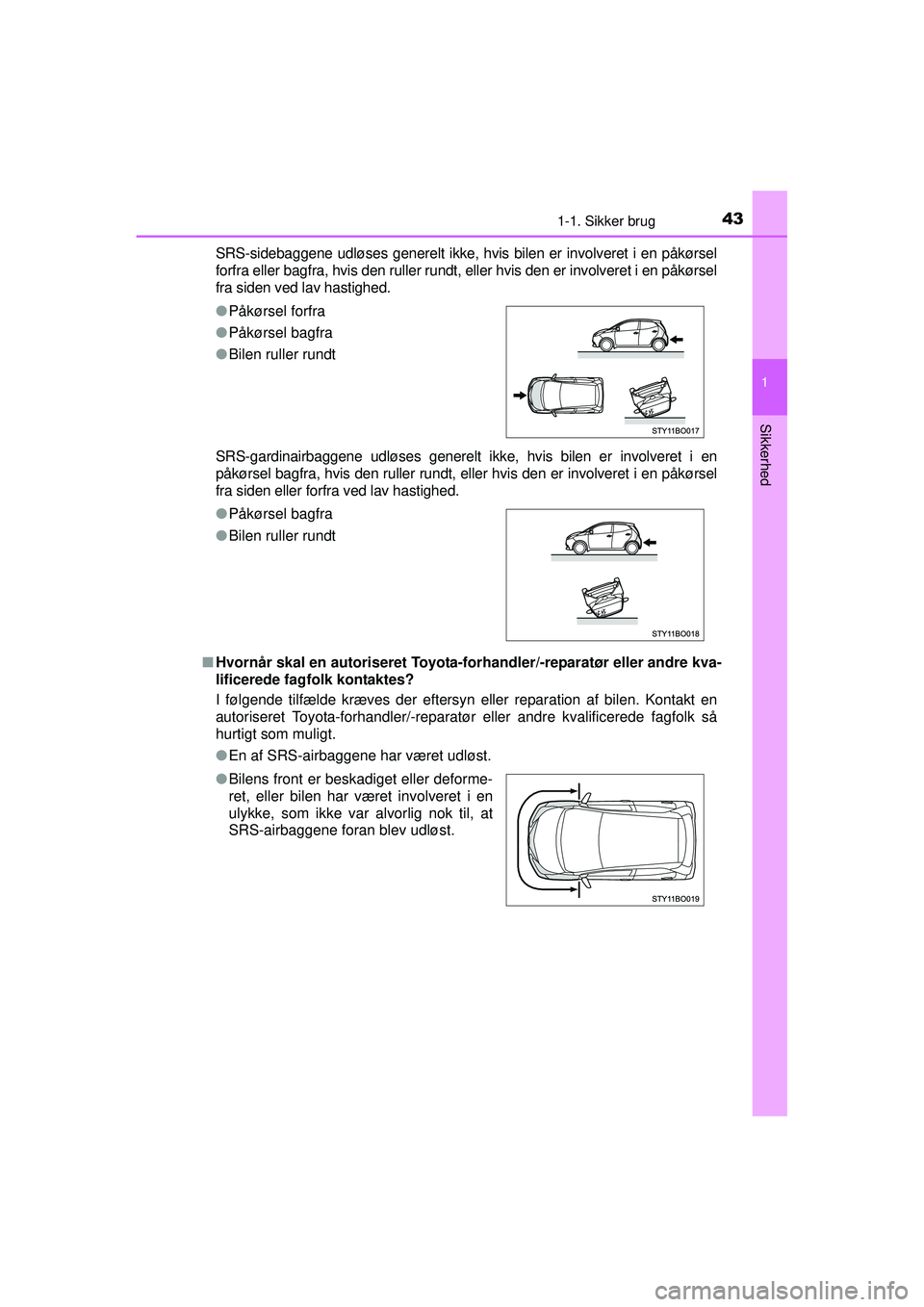 TOYOTA AYGO 2015 Brugsanvisning (in Danish) 431-1. Sikker brug
1
Sikkerhed
OM99J92DKSRS-sidebaggene udløses generelt ikke, hvis bilen er involveret i en påkørsel
forfra eller bagfra, hvis den ruller rundt, eller hvis den er involveret i en p TOYOTA AYGO 2015 Brugsanvisning (in Danish) 431-1. Sikker brug
1
Sikkerhed
OM99J92DKSRS-sidebaggene udløses generelt ikke, hvis bilen er involveret i en påkørsel
forfra eller bagfra, hvis den ruller rundt, eller hvis den er involveret i en p