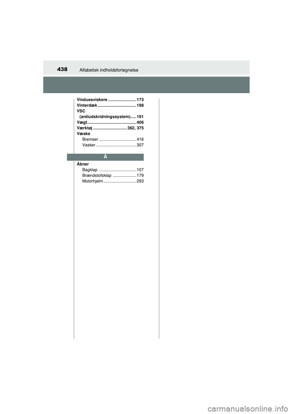 TOYOTA AYGO 2015 Brugsanvisning (in Danish) 438Alfabetisk indholdsfortegnelse
OM99J92DK
Vinduesviskere ........................ 173
Vinterdæk ................................. 198
VSC (antiudskridningssystem)..... 191
Vægt ................... TOYOTA AYGO 2015 Brugsanvisning (in Danish) 438Alfabetisk indholdsfortegnelse
OM99J92DK
Vinduesviskere ........................ 173
Vinterdæk ................................. 198
VSC (antiudskridningssystem)..... 191
Vægt ...................