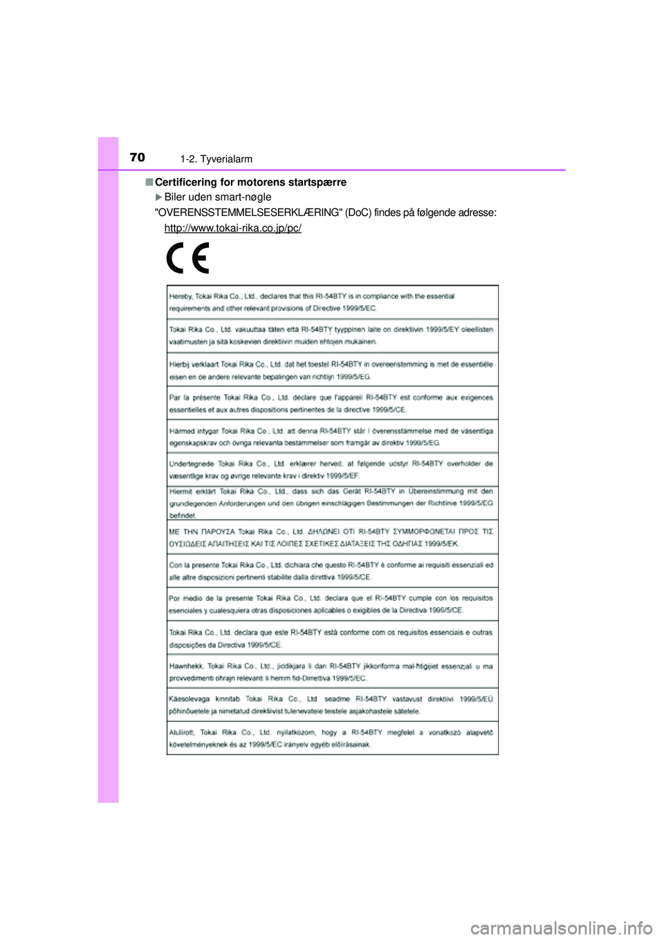 TOYOTA AYGO 2015  Brugsanvisning (in Danish) 701-2. Tyverialarm
OM99J92DK■
Certificering for mo torens startspærre
�XBiler uden smart-nøgle
"OVERENSSTEMMELSESERKLÆRING" (DoC) find es på følgende adresse:
http://www.tokai-rika.co.jp/pc/
OM