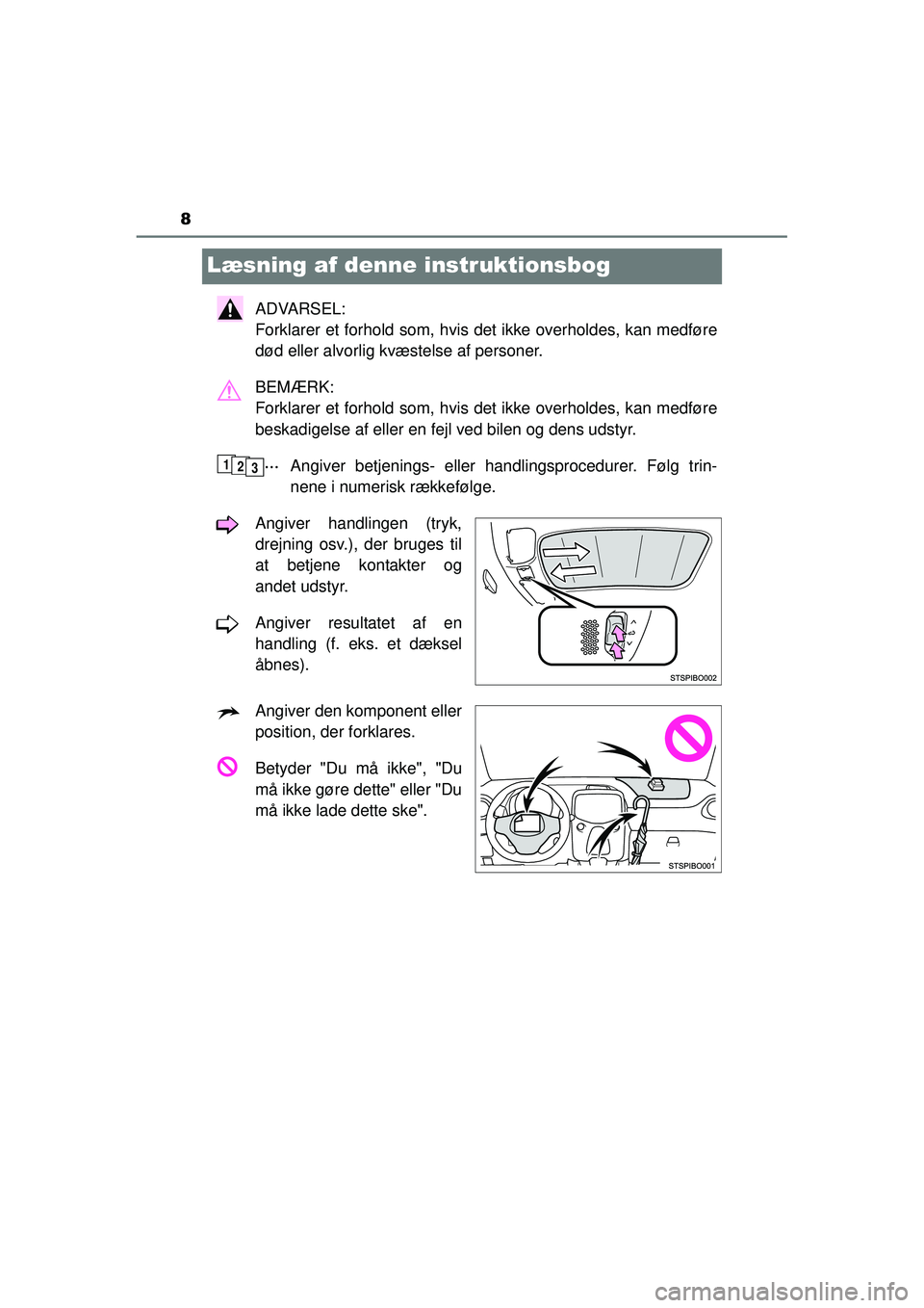 TOYOTA AYGO 2015  Brugsanvisning (in Danish) 8
OM99J92DK
Læsning af denne instruktionsbog
ADVARSEL: 
Forklarer et forhold som, hvis det ikke overholdes, kan medføre
død eller alvorlig kvæstelse af personer.
BEMÆRK: 
Forklarer et forhold som