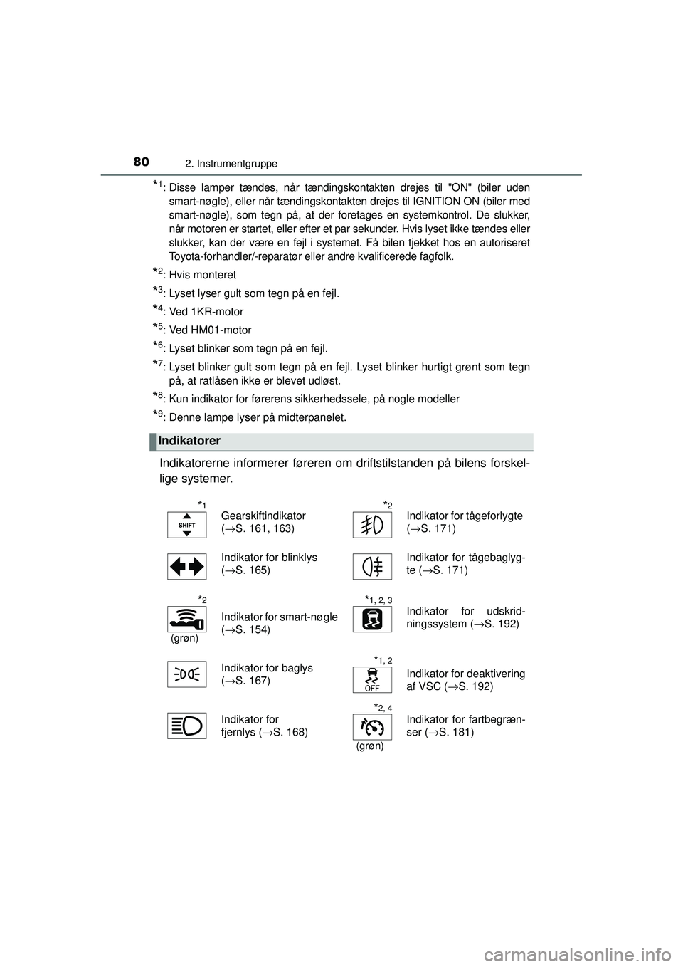 TOYOTA AYGO 2015  Brugsanvisning (in Danish) 802. Instrumentgruppe
OM99J92DK
*1: Disse lamper tændes, når tændingskontakten drejes til "ON" (biler uden
smart-nøgle), eller når tændingskontakten drejes til IGNITION ON (biler med
smart-nøgl