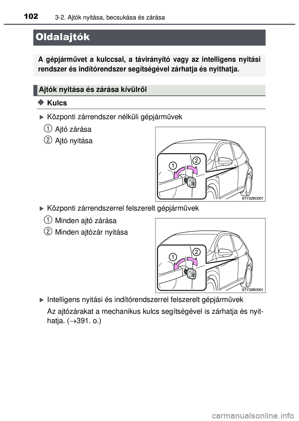TOYOTA AYGO 2015 Kezelési útmutató (in Hungarian) 1023-2. Ajtók nyitása, becsukása és zárása
Oldalajtók
Kulcs
Központi zárrendszer nélküli gépjárművek
Ajtó zárása
Ajtó nyitása
Központi zárrendszerr el felszerelt gépjár TOYOTA AYGO 2015 Kezelési útmutató (in Hungarian) 1023-2. Ajtók nyitása, becsukása és zárása
Oldalajtók
Kulcs
Központi zárrendszer nélküli gépjárművek
Ajtó zárása
Ajtó nyitása
Központi zárrendszerr el felszerelt gépjár