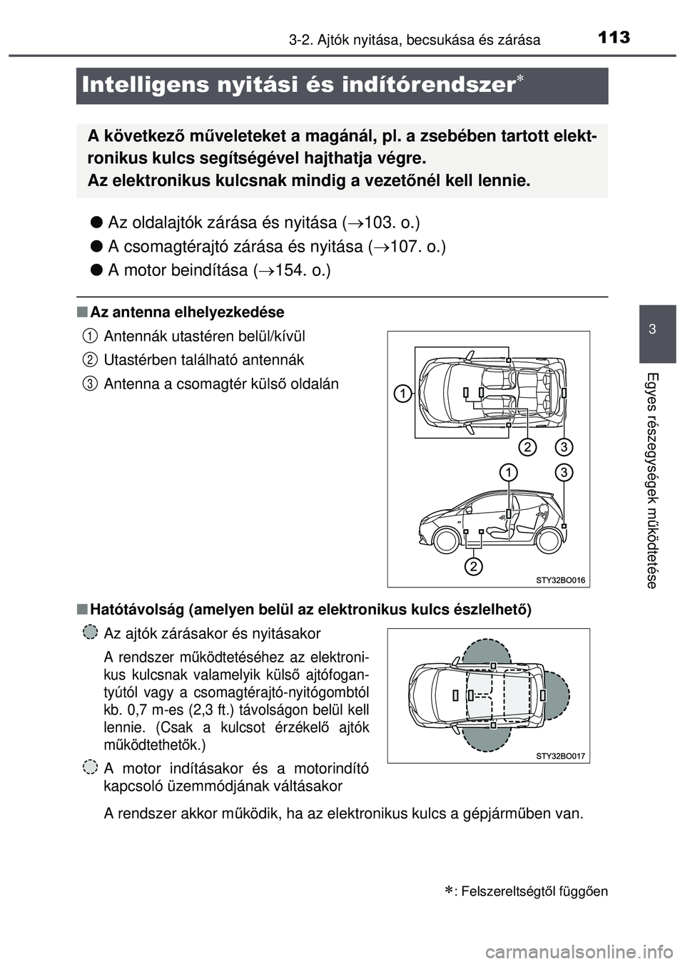 TOYOTA AYGO 2015 Kezelési útmutató (in Hungarian) 113
3
3-2. Ajtók nyitása, becsukása és zárása
Egyes részegységek m űködtetése
Intelligens nyitási és indítórendszer
Az oldalajtók zárása és nyitása ( 103. o.)
A csoma TOYOTA AYGO 2015 Kezelési útmutató (in Hungarian) 113
3
3-2. Ajtók nyitása, becsukása és zárása
Egyes részegységek m űködtetése
Intelligens nyitási és indítórendszer
Az oldalajtók zárása és nyitása ( 103. o.)
A csoma