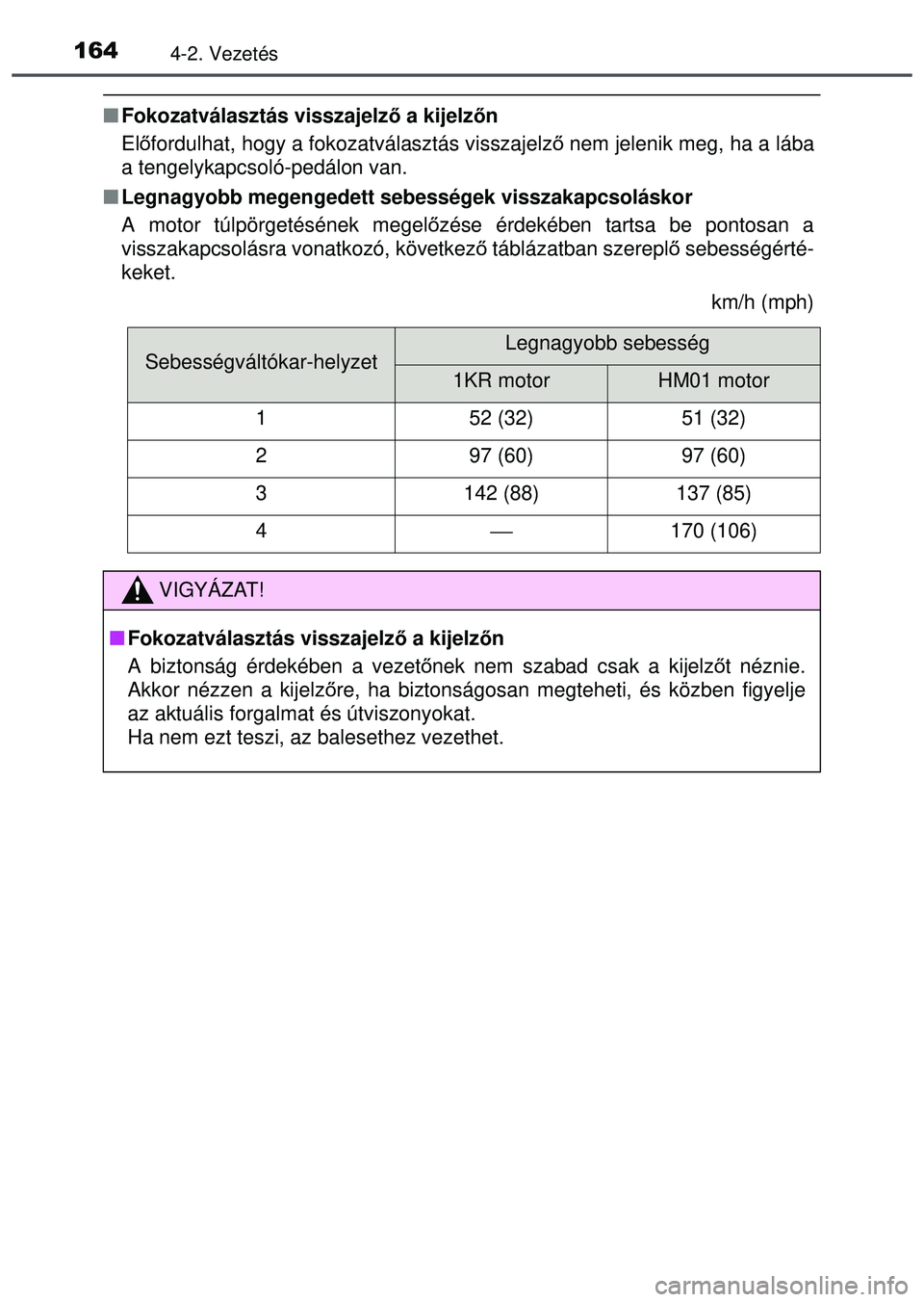 TOYOTA AYGO 2015 Kezelési útmutató (in Hungarian) 1644-2. Vezetés
Fokozatválasztás visszajelz ő a kijelzőn
El őfordulhat, hogy a fokozatválasztás visszajelző nem jelenik meg, ha a lába
a tengelykapcsoló-pedálon van.
Legnagyobb meg TOYOTA AYGO 2015 Kezelési útmutató (in Hungarian) 1644-2. Vezetés
Fokozatválasztás visszajelz ő a kijelzőn
El őfordulhat, hogy a fokozatválasztás visszajelző nem jelenik meg, ha a lába
a tengelykapcsoló-pedálon van.
Legnagyobb meg
