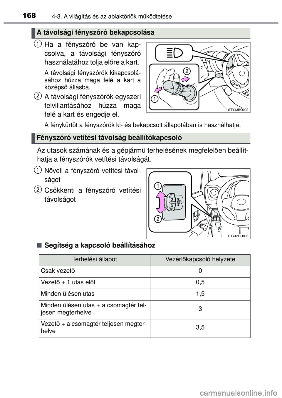 TOYOTA AYGO 2015 Kezelési útmutató (in Hungarian) 1684-3. A világítás és az ablaktörlők mű ködtetése
Ha a fényszóró be van kap-
csolva, a távolsági fényszóró
használatához tolja el őre a kart.
A távolsági fényszórók kikapcso TOYOTA AYGO 2015 Kezelési útmutató (in Hungarian) 1684-3. A világítás és az ablaktörlők mű ködtetése
Ha a fényszóró be van kap-
csolva, a távolsági fényszóró
használatához tolja el őre a kart.
A távolsági fényszórók kikapcso