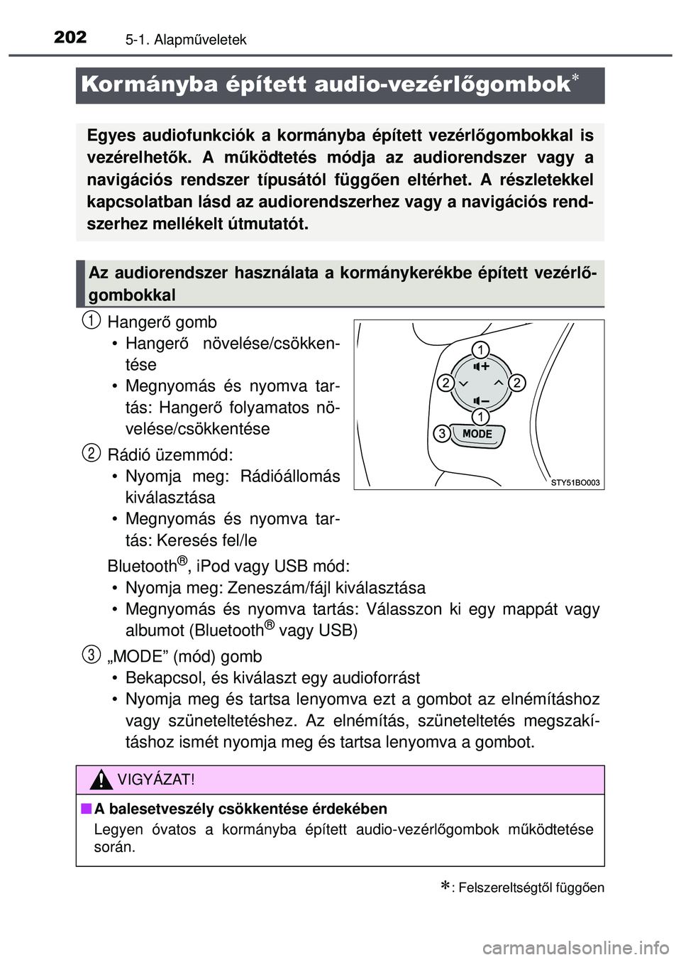 TOYOTA AYGO 2015 Kezelési útmutató (in Hungarian) 2025-1. Alapműveletek
Kor mányba épített audio-vezérl őgombok
Hangerő gomb
• Hanger ő növelése/csökken-
tése
• Megnyomás és nyomva tar- tás: Hanger ő folyamatos nö-
velése/cs TOYOTA AYGO 2015 Kezelési útmutató (in Hungarian) 2025-1. Alapműveletek
Kor mányba épített audio-vezérl őgombok
Hangerő gomb
• Hanger ő növelése/csökken-
tése
• Megnyomás és nyomva tar- tás: Hanger ő folyamatos nö-
velése/cs
