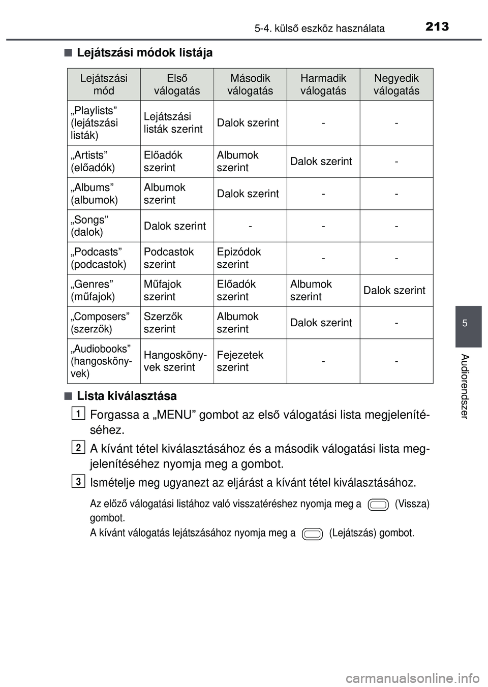TOYOTA AYGO 2015 Kezelési útmutató (in Hungarian) 2135-4. külső eszköz használata
5
Audiorendszer
Lejátszási módok listája
Lista kiválasztása
Forgassa a „MENU” gombot az els ő válogatási lista megjeleníté-
séhez.
A kívánt TOYOTA AYGO 2015 Kezelési útmutató (in Hungarian) 2135-4. külső eszköz használata
5
Audiorendszer
Lejátszási módok listája
Lista kiválasztása
Forgassa a „MENU” gombot az els ő válogatási lista megjeleníté-
séhez.
A kívánt
