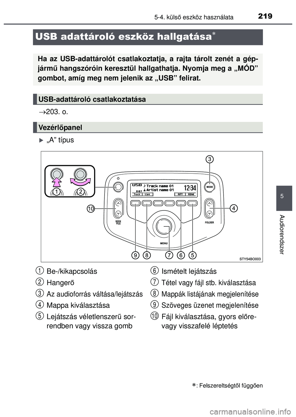 TOYOTA AYGO 2015 Kezelési útmutató (in Hungarian) 219
5
5-4. külső eszköz használata
Audiorendszer
USB adattároló eszköz hallgatása
203. o.
„A” típus
: Felszereltségt ől függ ően
Ha az USB-adattárolót csatlakozt atja, TOYOTA AYGO 2015 Kezelési útmutató (in Hungarian) 219
5
5-4. külső eszköz használata
Audiorendszer
USB adattároló eszköz hallgatása
203. o.
„A” típus
: Felszereltségt ől függ ően
Ha az USB-adattárolót csatlakozt atja,