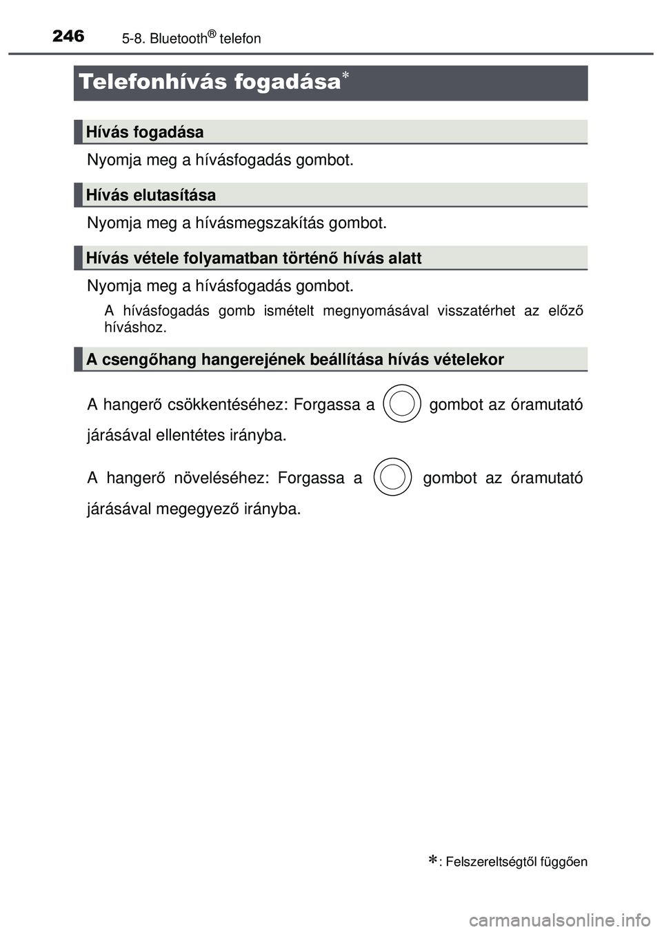 TOYOTA AYGO 2015 Kezelési útmutató (in Hungarian) 2465-8. Bluetooth® telefon
Telefonhívás fogadása
Nyomja meg a hívásfogadás gombot.
Nyomja meg a hívásmegszakítás gombot.
Nyomja meg a hívásfogadás gombot.
A hívásfogadás gomb ismé TOYOTA AYGO 2015 Kezelési útmutató (in Hungarian) 2465-8. Bluetooth® telefon
Telefonhívás fogadása
Nyomja meg a hívásfogadás gombot.
Nyomja meg a hívásmegszakítás gombot.
Nyomja meg a hívásfogadás gombot.
A hívásfogadás gomb ismé