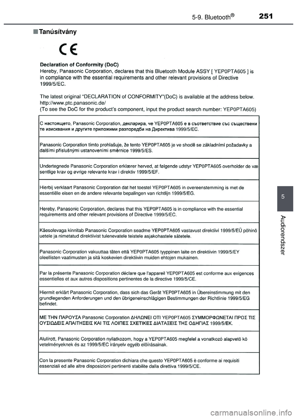 TOYOTA AYGO 2015 Kezelési útmutató (in Hungarian) 2515-9. Bluetooth®
5
Audiorendszer
Tanúsítvány TOYOTA AYGO 2015 Kezelési útmutató (in Hungarian) 2515-9. Bluetooth®
5
Audiorendszer
Tanúsítvány