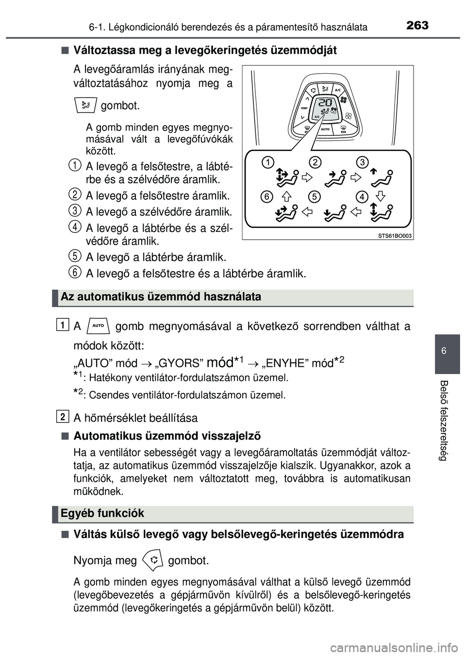 TOYOTA AYGO 2015 Kezelési útmutató (in Hungarian) 2636-1. Légkondicionáló berendezés és a páramentesítő használata
6
Bels ő felszereltség
Változtassa meg a leveg őkeringetés üzemmódját
A levegőáramlás irányának meg-
változta TOYOTA AYGO 2015 Kezelési útmutató (in Hungarian) 2636-1. Légkondicionáló berendezés és a páramentesítő használata
6
Bels ő felszereltség
Változtassa meg a leveg őkeringetés üzemmódját
A levegőáramlás irányának meg-
változta