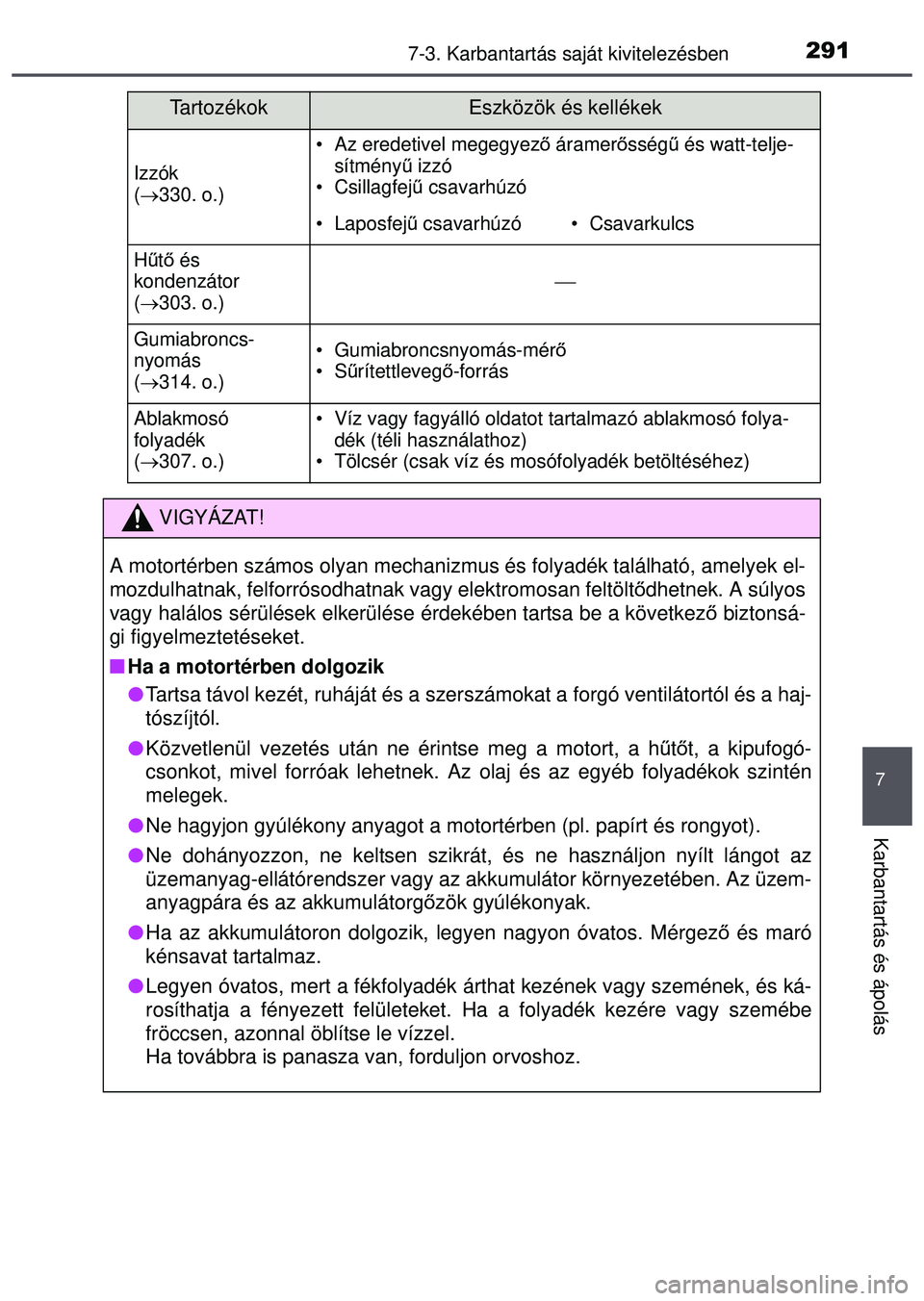 TOYOTA AYGO 2015 Kezelési útmutató (in Hungarian) 2917-3. Karbantartás saját kivitelezésben
7
Karbantartás és ápolás
Izzók
(330. o.)
• Az eredetivel megegyez ő áramer ősség ű és watt-telje-
sítmény ű izzó
• Csillagfej ű csa TOYOTA AYGO 2015 Kezelési útmutató (in Hungarian) 2917-3. Karbantartás saját kivitelezésben
7
Karbantartás és ápolás
Izzók
(330. o.)
• Az eredetivel megegyez ő áramer ősség ű és watt-telje-
sítmény ű izzó
• Csillagfej ű csa