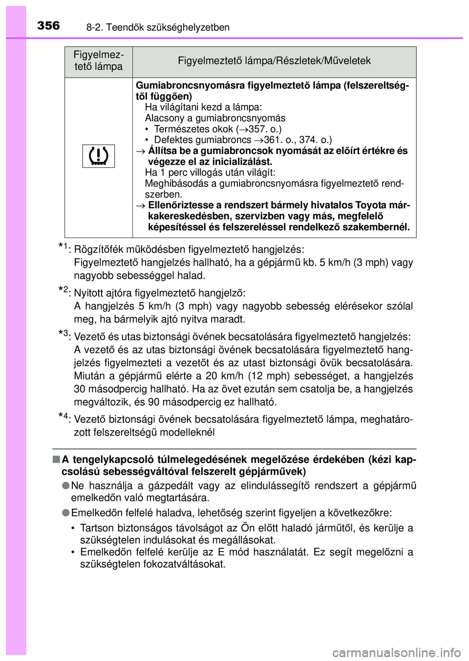 TOYOTA AYGO 2015 Kezelési útmutató (in Hungarian) 3568-2. Teendők szükséghelyzetben
*1: Rögzítő fék működésben figyelmeztető hangjelzés:
Figyelmeztető hangjelzés hallható, ha a gépjárm ű kb. 5 km/h (3 mph) vagy
nagyobb sebességg TOYOTA AYGO 2015 Kezelési útmutató (in Hungarian) 3568-2. Teendők szükséghelyzetben
*1: Rögzítő fék működésben figyelmeztető hangjelzés:
Figyelmeztető hangjelzés hallható, ha a gépjárm ű kb. 5 km/h (3 mph) vagy
nagyobb sebességg