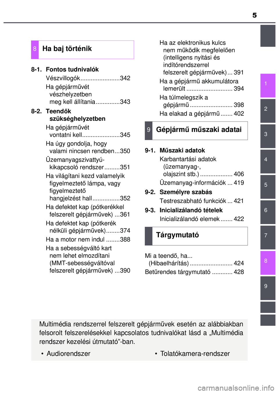 TOYOTA AYGO 2015  Kezelési útmutató (in Hungarian) 5
1
7
8 6 5
4
3
2
9
8-1. Fontos tudnivalókVészvillogók .......................342
Ha gépjármű vét 
vészhelyzetben 
meg kell állítania ..............343
8-2. Teend ők 
szükséghelyzetben
Ha