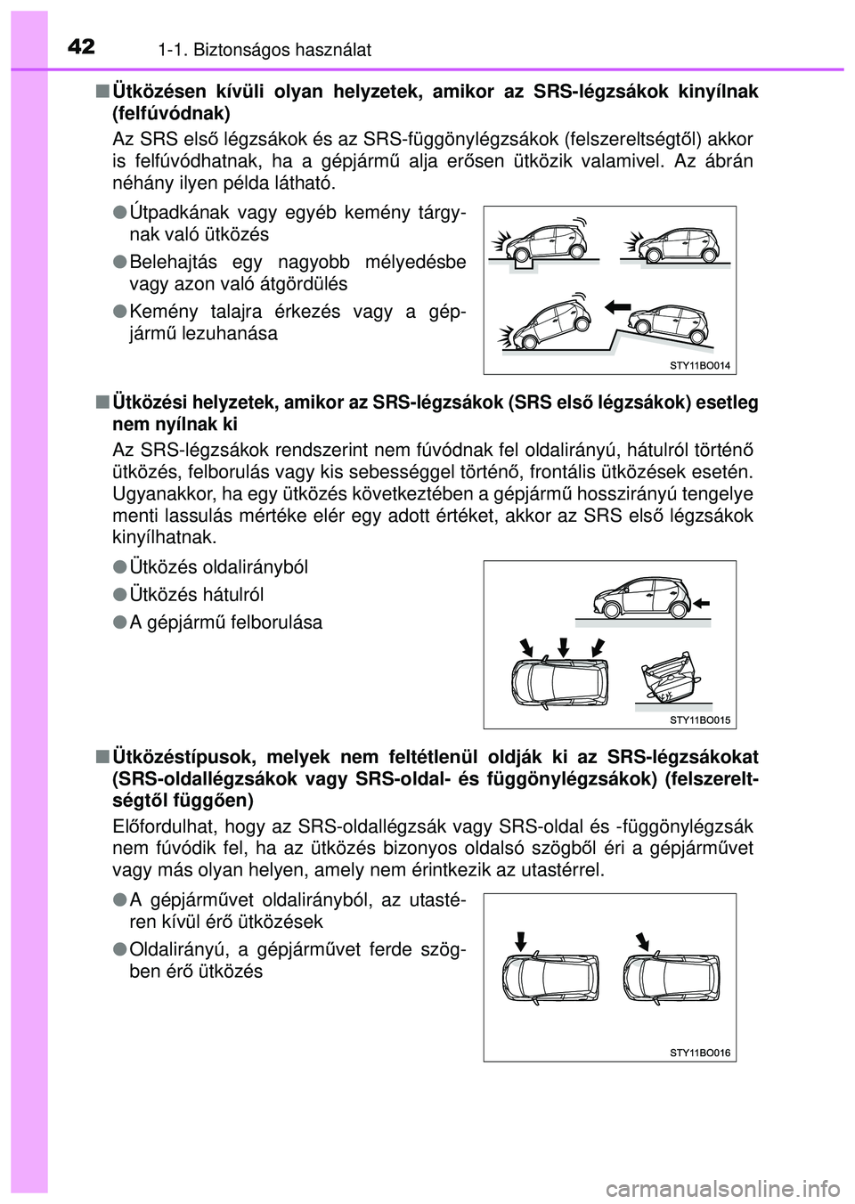 TOYOTA AYGO 2015 Kezelési útmutató (in Hungarian) 421-1. Biztonságos használat
Ütközésen kívüli olyan helyzetek, amikor az SRS-légzsá\
kok kinyílnak
(felfúvódnak)
Az SRS els ő légzsákok és az SRS-függönylégzsákok (felszerelts TOYOTA AYGO 2015 Kezelési útmutató (in Hungarian) 421-1. Biztonságos használat
Ütközésen kívüli olyan helyzetek, amikor az SRS-légzsá\
kok kinyílnak
(felfúvódnak)
Az SRS els ő légzsákok és az SRS-függönylégzsákok (felszerelts