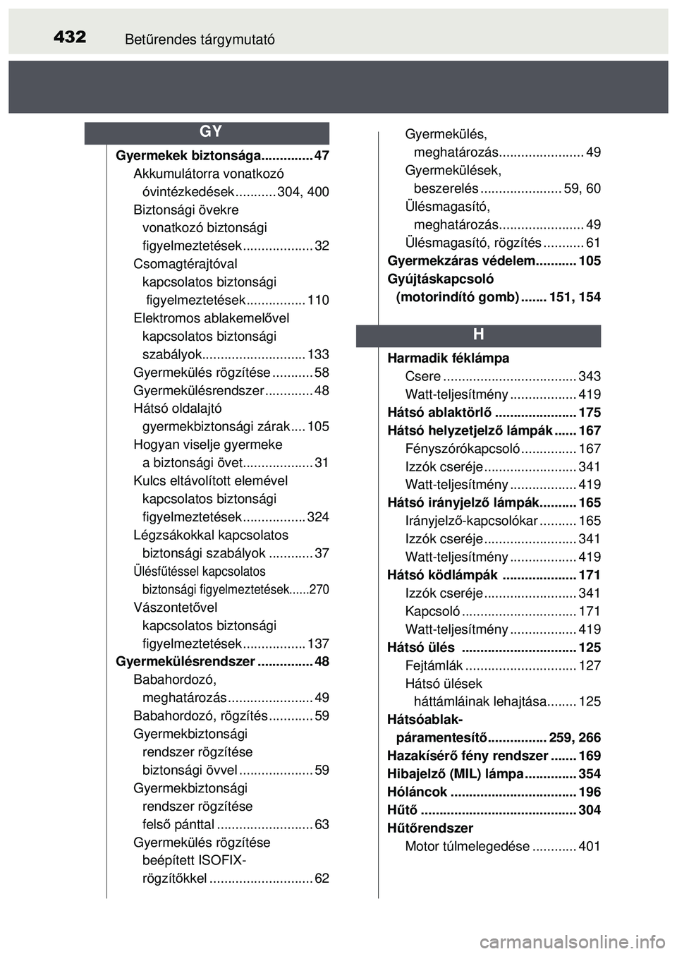 TOYOTA AYGO 2015 Kezelési útmutató (in Hungarian) 432Betűrendes tárgymutató
Gyermekek biztonsága.............. 47
Akkumulátorra vonatkozó óvintézkedések ........... 304, 400
Biztonsági övekre vonatkozó biztonsági
figyelmeztetések .... TOYOTA AYGO 2015 Kezelési útmutató (in Hungarian) 432Betűrendes tárgymutató
Gyermekek biztonsága.............. 47
Akkumulátorra vonatkozó óvintézkedések ........... 304, 400
Biztonsági övekre vonatkozó biztonsági
figyelmeztetések ....