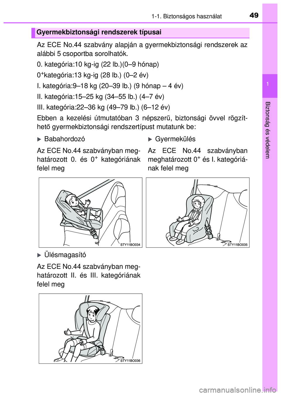 TOYOTA AYGO 2015 Kezelési útmutató (in Hungarian) 491-1. Biztonságos használat
1
Biztonság és védelem
Az ECE No.44 szabvány alapján a gyermekbiztonsági rendszerek az\
alábbi 5 csoportba sorolhatók.
0. kategória:10 kg-ig (22 lb.)(0–9 hó TOYOTA AYGO 2015 Kezelési útmutató (in Hungarian) 491-1. Biztonságos használat
1
Biztonság és védelem
Az ECE No.44 szabvány alapján a gyermekbiztonsági rendszerek az\
alábbi 5 csoportba sorolhatók.
0. kategória:10 kg-ig (22 lb.)(0–9 hó
